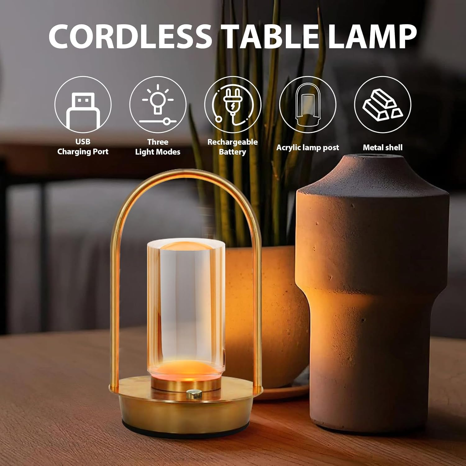 Cordless Table Lamp with Touch Control, Rechargeable LED Bedside Lamp, 3-Colour Infinitely Dimming Battery Powered Small Crystal Lantern for Bedroom/Office/Patio Light (Gold) image number 2