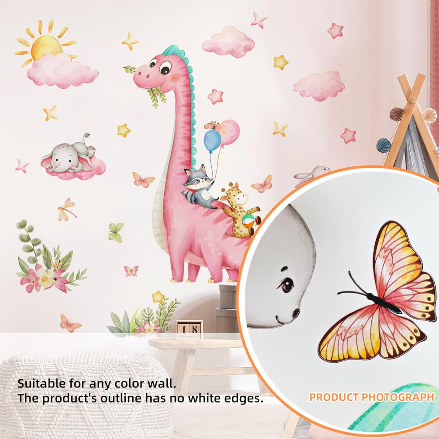 Pink Dinosaur Wall Decals Girls Room Pink Cartoon Animals Wall Stickers Peel and Stick Wall Art for Kids Bedroom Living Room Nursery Playroom Classroom Wall Decor image number 4