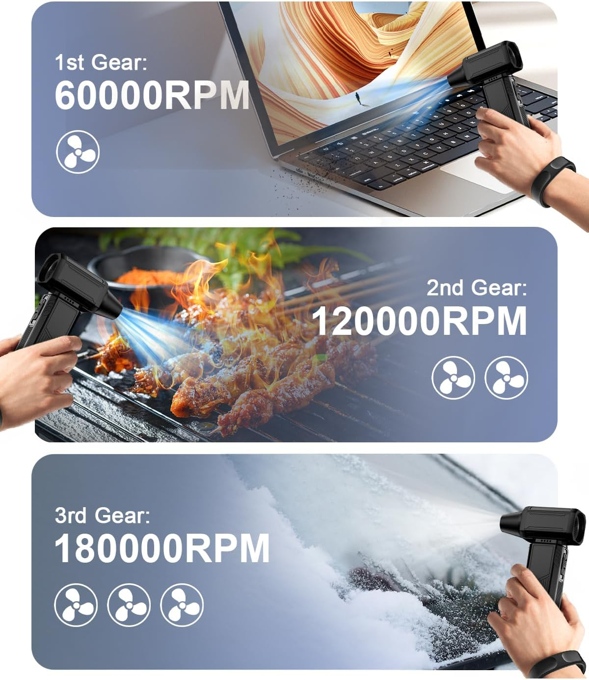 Compressed Air Duster, Super Powerful 180000 RPM Electric Air Duster Turbo Fan Stepless Speed Adjustable Powerful Blower High Speed Duct Fan-Air Broom for Home Outdoor Dust Rain Snow Car Dry Keyboards image number 6