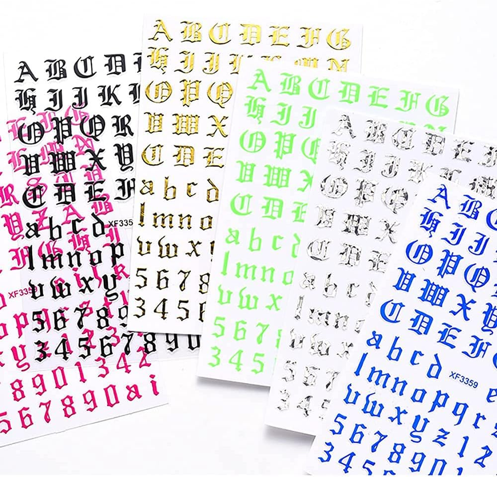 Nail Stickers Self-Adhesive Nail Sticker Letters 3D Nail Stickers Letters Old English Alphabet White Black Gold Silver Letters Nail Design Nail Art Decoration (12 Sheets) image number 1