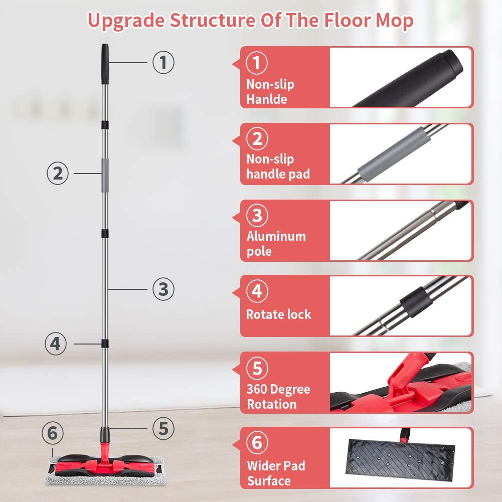 MEXERRIS Microfiber Floor Mop for Hardwood Cleaning - 360 Rotating Dust Wet Mop with Stainless Steel Handle 4 Reusable Washable Mop Pads Cloth and 1 Scraper Flat Mops for Hardwood Laminate Tiles