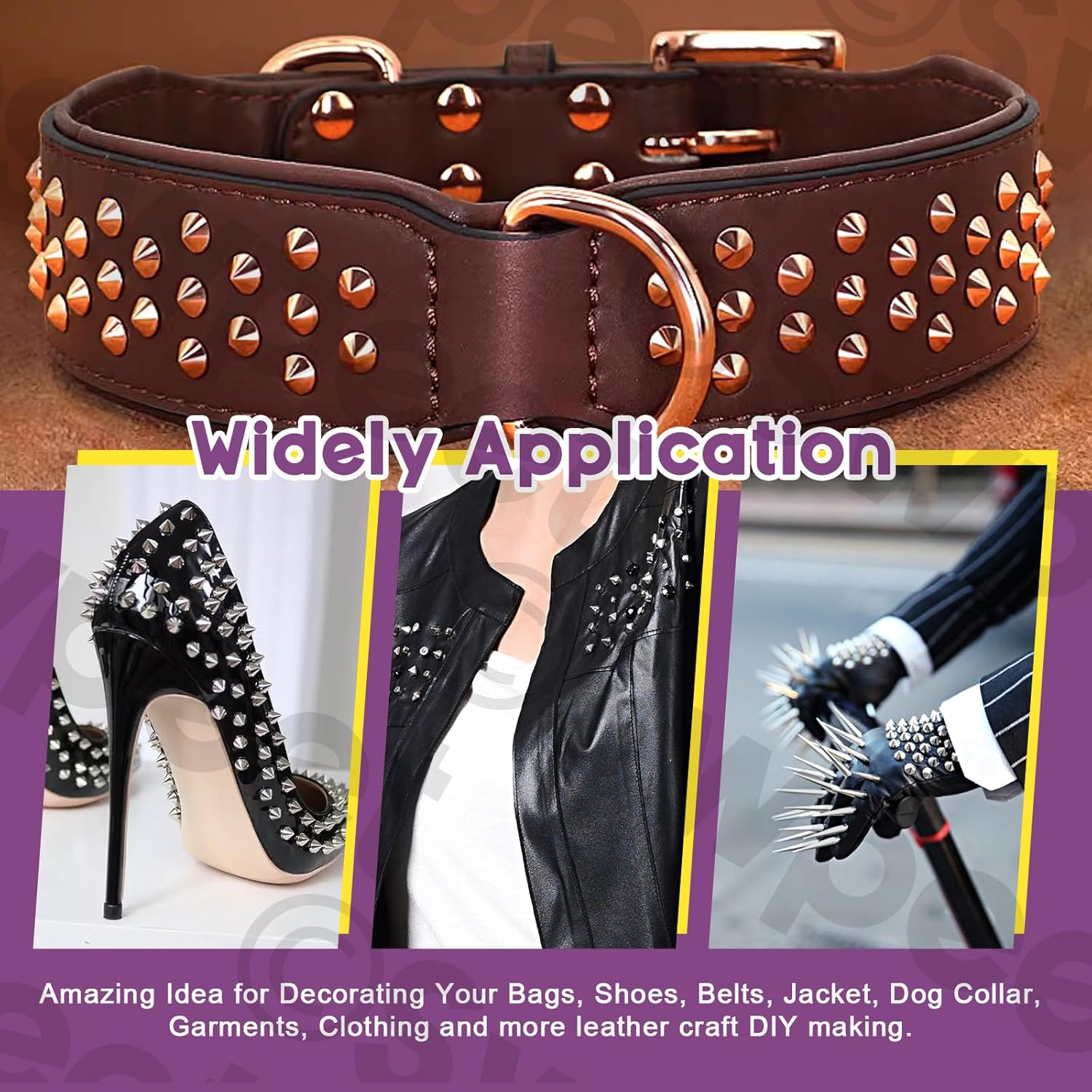 Swpeet 102Pcs Bronze Color Cone Spikes and Studs Kit with Hole Punch and Screwdriver, Back Leather Craft Rapid Rivet Screws, Spikes Bullet Cone Spikes Screw for Clothing Shoes Leather Craft image number 3