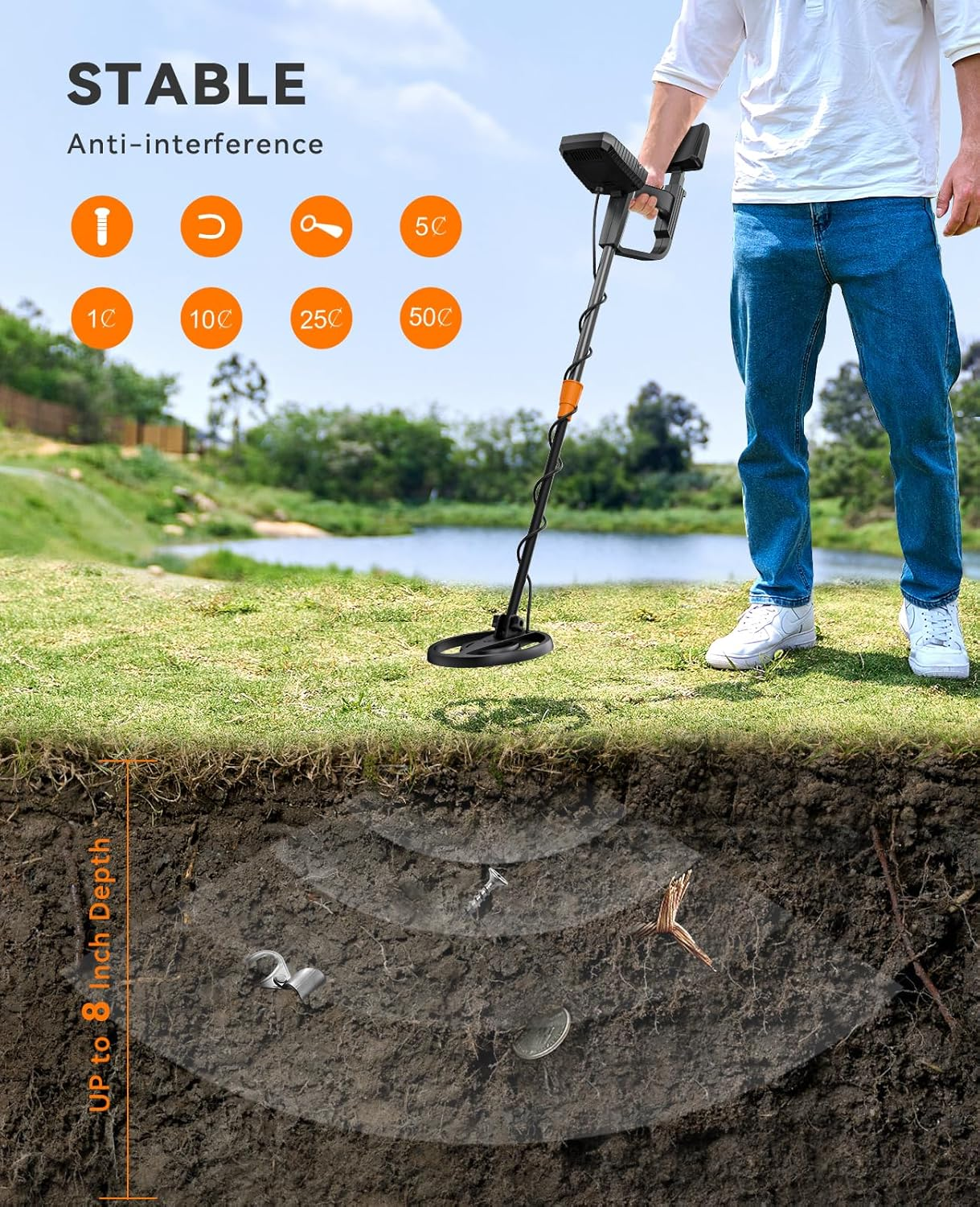 SUNPOW Metal Detector for Adults & Kids, Waterproof Metal Detector for Gold Detecting, Stable Anti-Interference, Big LCD Display, 4 Modes, IP68 Search Coil image number 6