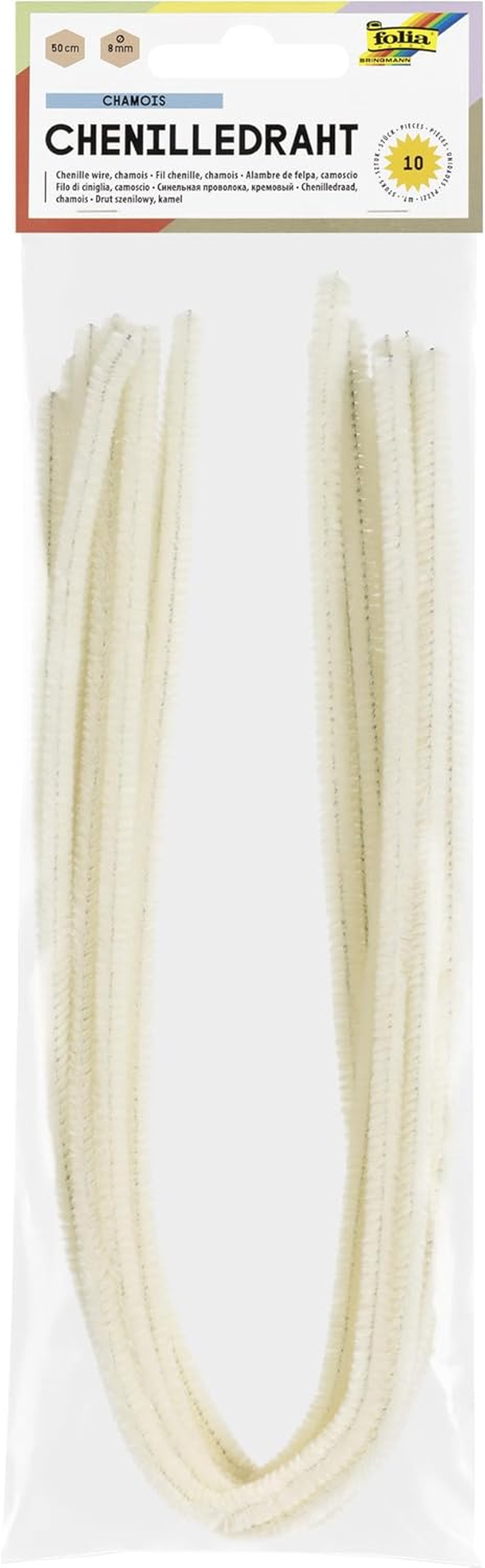 Folia 77814 - Chenille Wire Pipe Cleaners, Pack of 10 in Banana Yellow, Diameter 8 Mm and 50 Cm Long, Ideal for Children for Crafts and Design Animals, Figures and Other Shapes