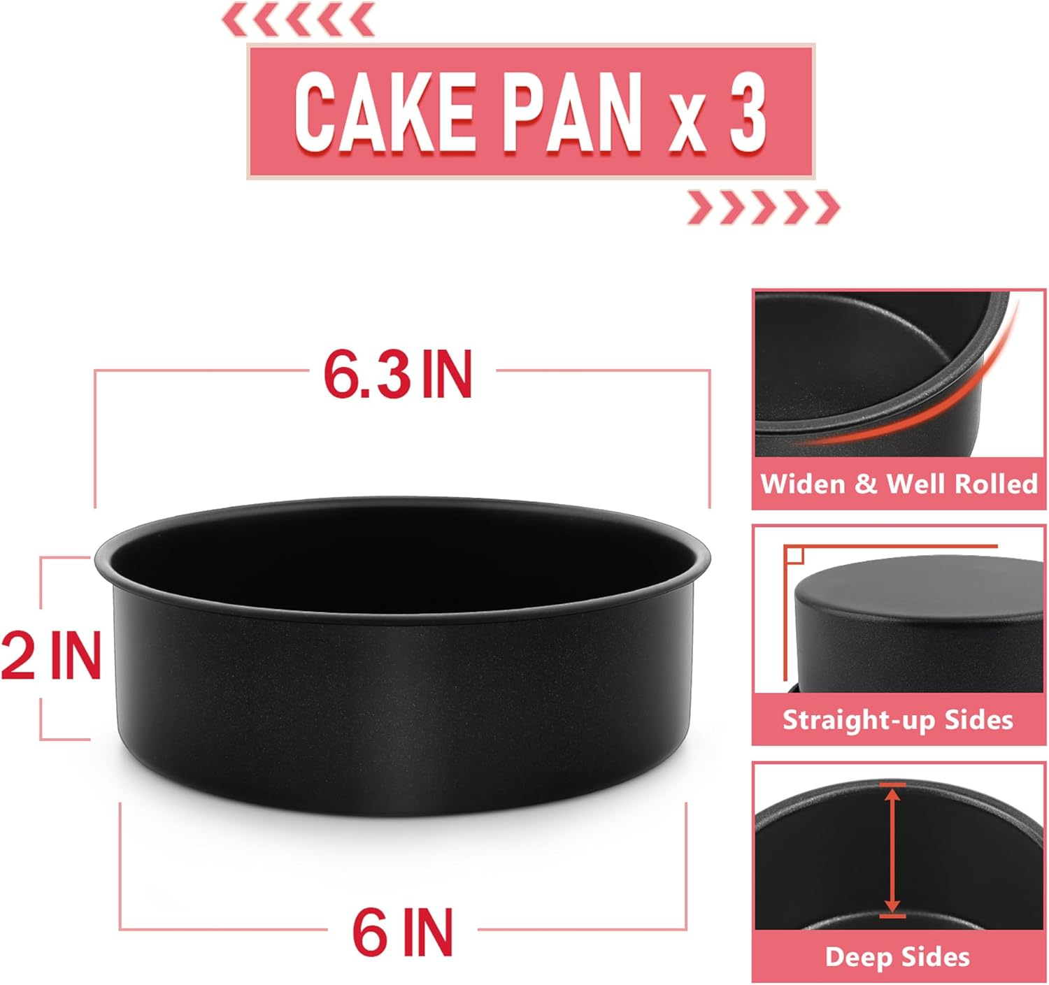 6 Inch Cake Pan Set of 3, E-Far Nonstick Stainless Steel Small round Cake Pans Tin for Baking Layer Cakes, Stainless Steel Core & Non-Toxic Coating, Straight Side & 2 Inch Deep image number 4