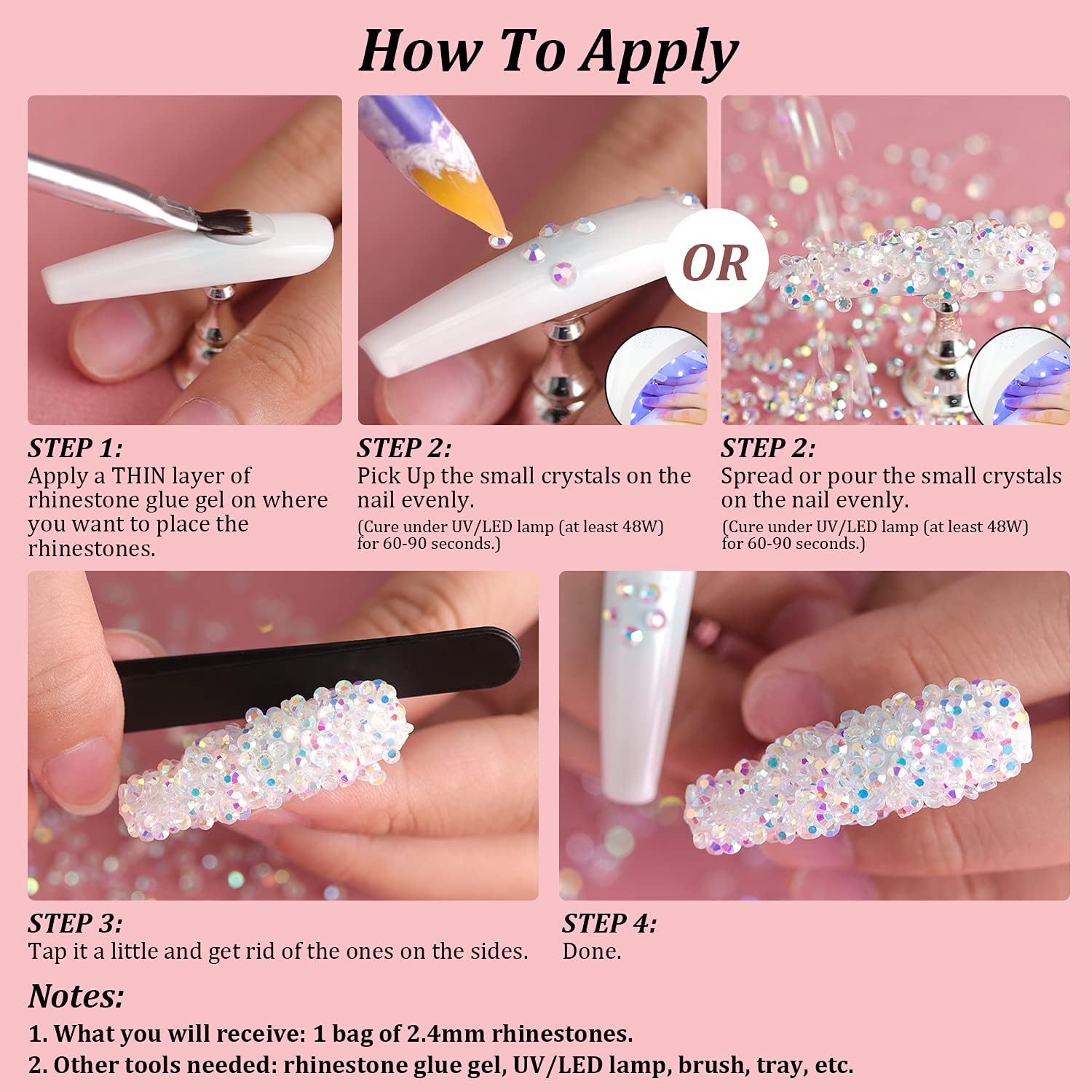 Tiny Nail Rhinestones 5000Pcs 1.2Mm Mini Pixie AB Glass Crystals for Nail Art Manicure Iridescent Long Lasting Shine Small Rhinestone Micro Dust Glitter Caviar Bead Sugar Gem (2.4Mm AB) image number 5