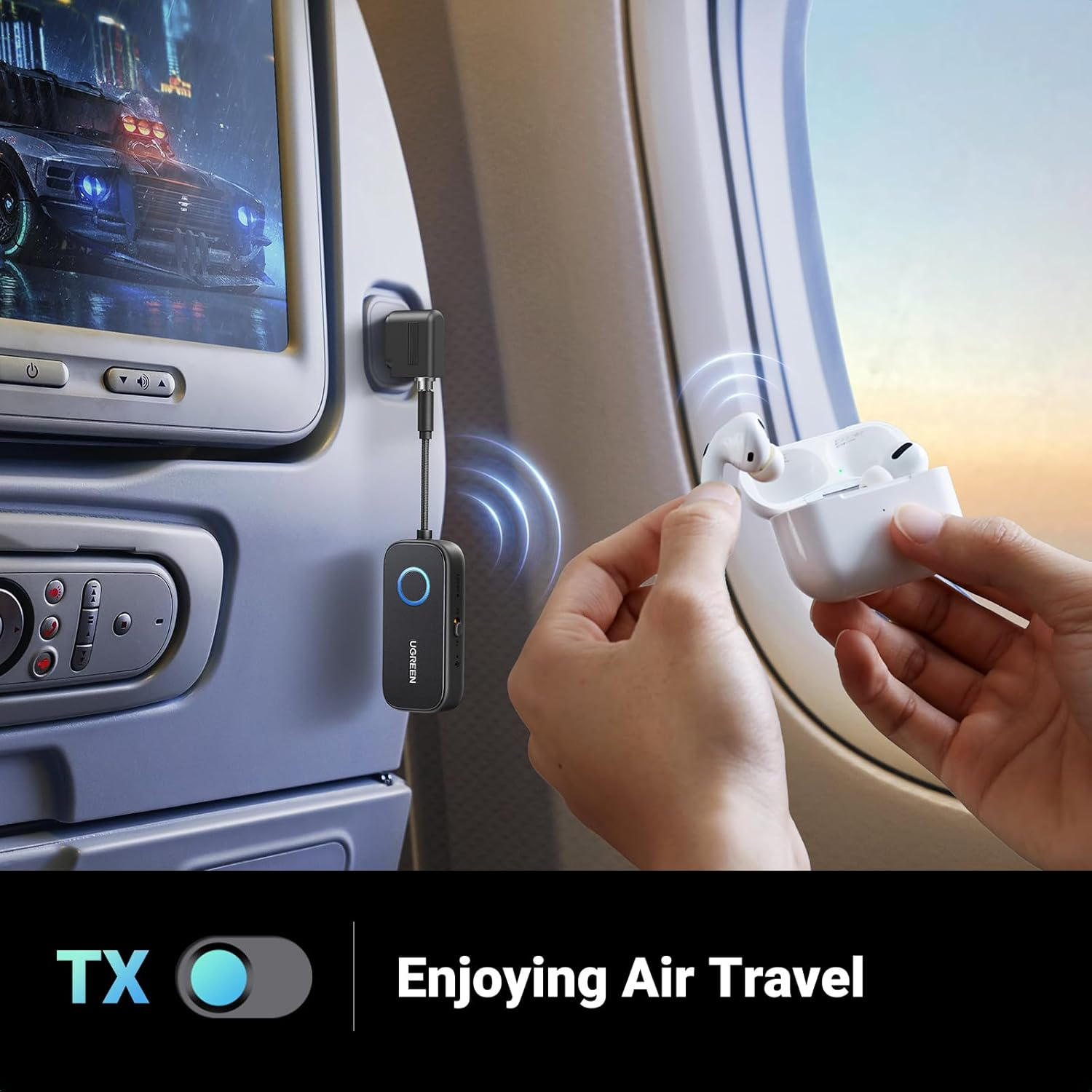 UGREEN Airplane Bluetooth 5.2 Transmitter Adapter for Airpods or Headphones Dual Pairs, 2-In-1 Wireless Bluetooth Audio Transmitter/Receiver for Any 3.5MM Jack on Flight, TV, Car Stereo, Treadmill image number 2