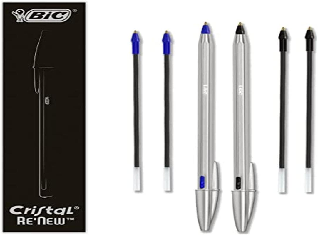BIC Cristal Re'New Gift Box Refillable Metal Ballpoint Pen Blue and Black 2 Pens + 4 Refills for School and Office