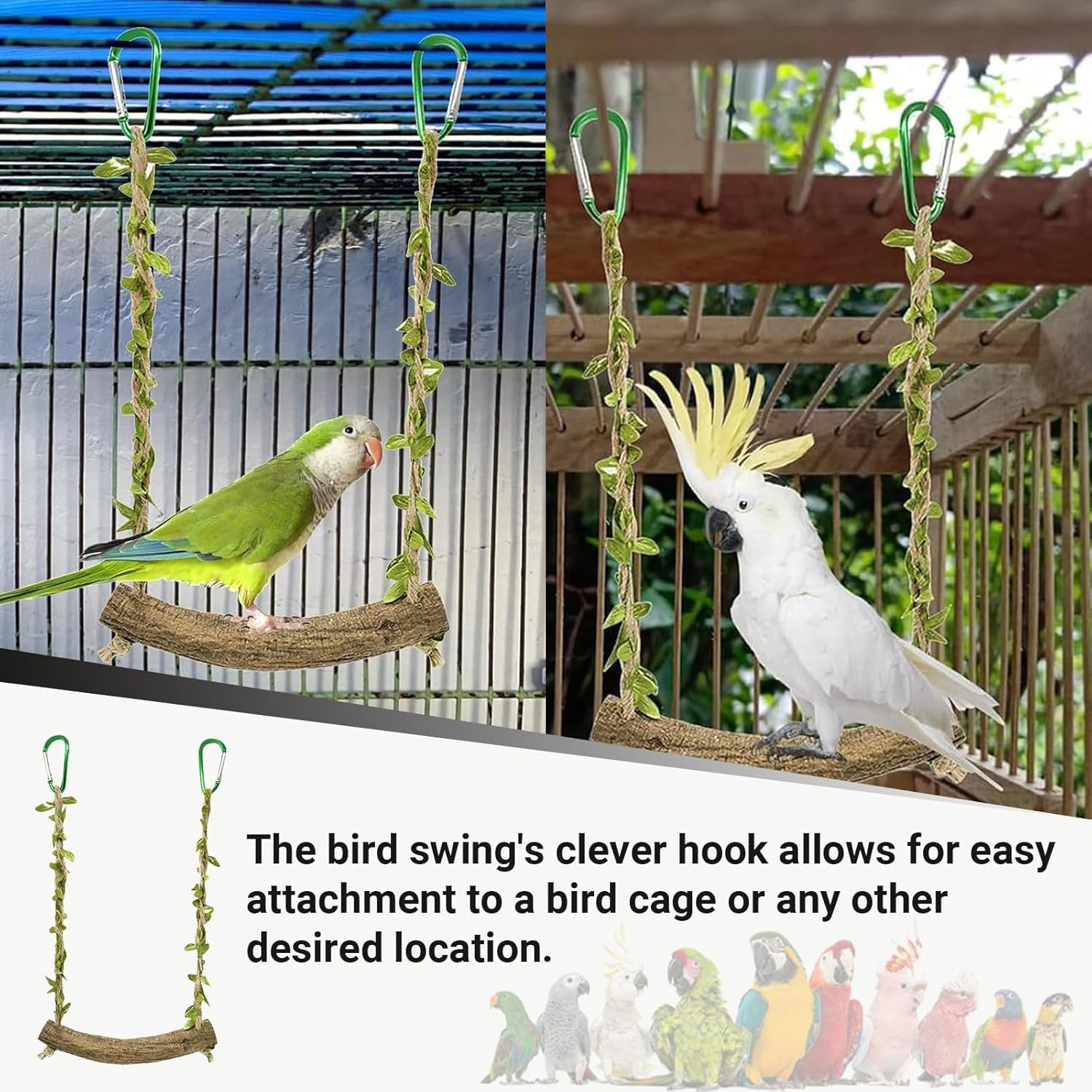 JOWILIN Wood Birds Cage Swing, Bird Perch Stand with Metal Hooks, Parrot Rope Swing Hanging Toy, Bird Chewing Toy, Training Stand Holder for Budgie Conure Finches, Cockatiel, Lovebird image number 1