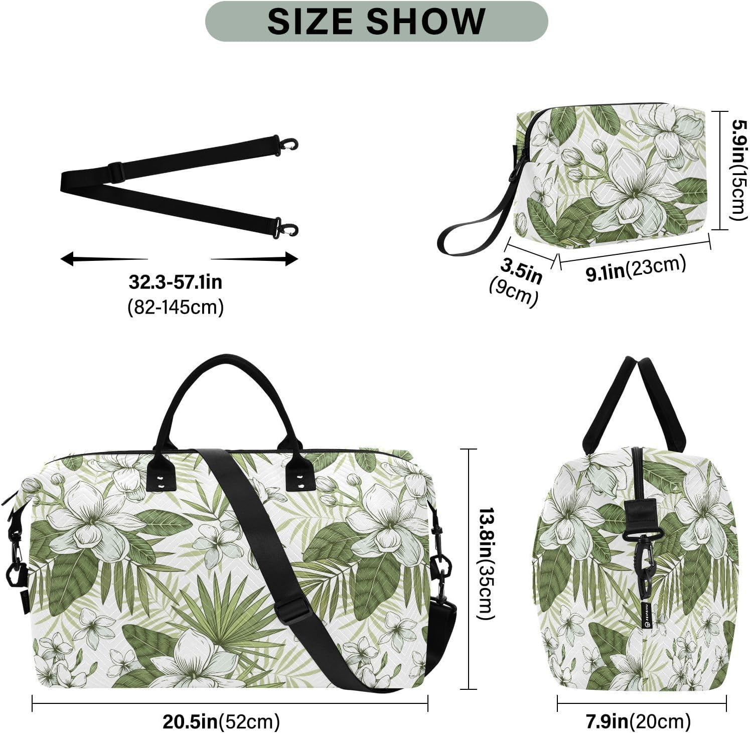 Large Bag Weekender/Overnight Duffel Tropical Flower White Jasmine Frangipani Sports Duffel Bags With, Tropical Flower White Jasmine Frangipani, Set of 2, Art Deco image number 2
