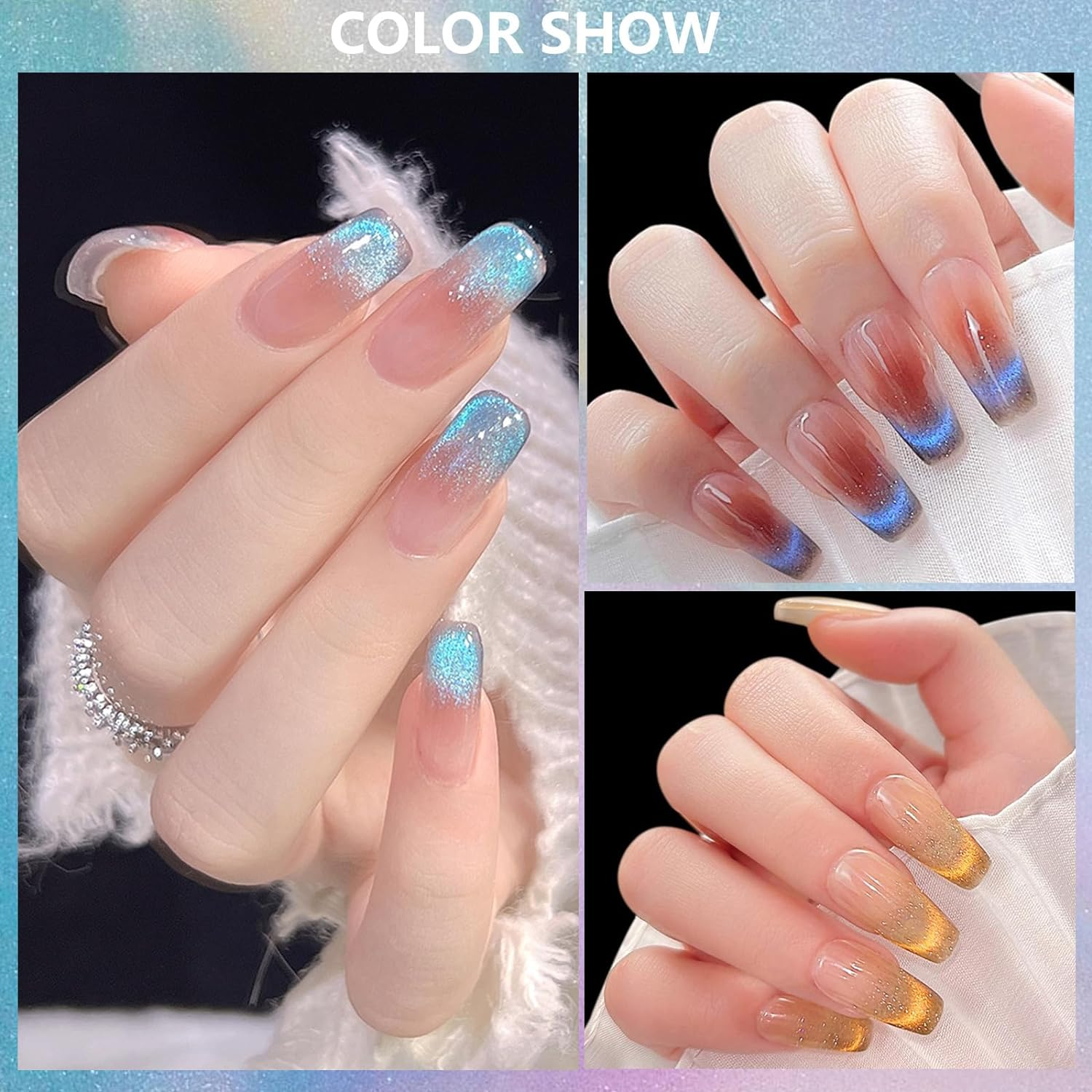 CHARM for YOU Cat Eye Gel Nail Polish, 9D Magnetic Cat Eye Gel Polish Set with Magnet Stick ,Crystal Holographic Effect ,Shiny Glitter Laser Cat Eye Polish 6Pcs for Home DIY Manicure Nail Salon (9D Dynamic Drill Cat Eye) image number 6