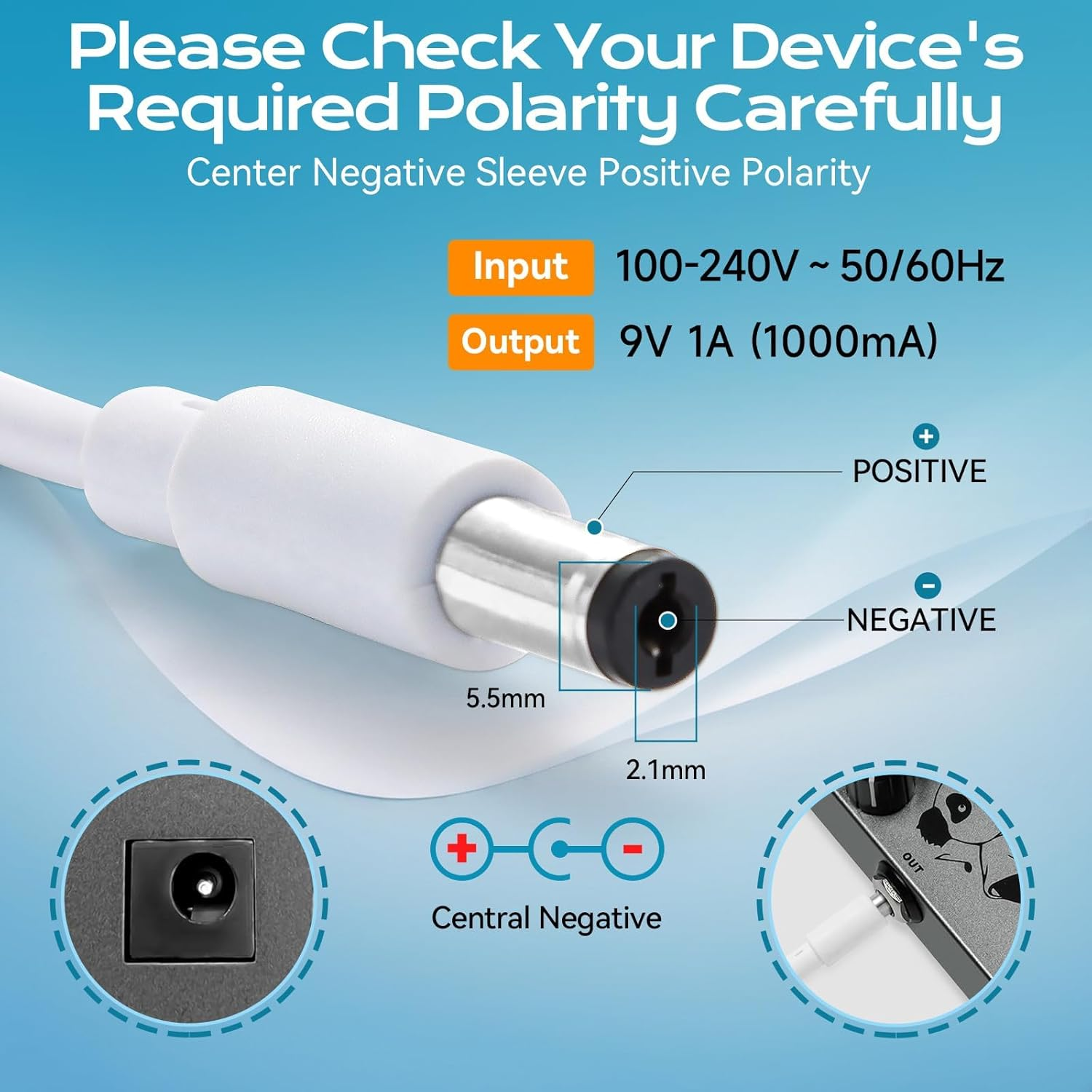 Guitar Pedal Power Supply Adaptor 9V DC 1A Centre Negative PSU Transformer Charging Adapter Wall Charger Plug for Electric Guitar Bass Effects Pedal Stompbox 9V Casio Keyboard image number 4