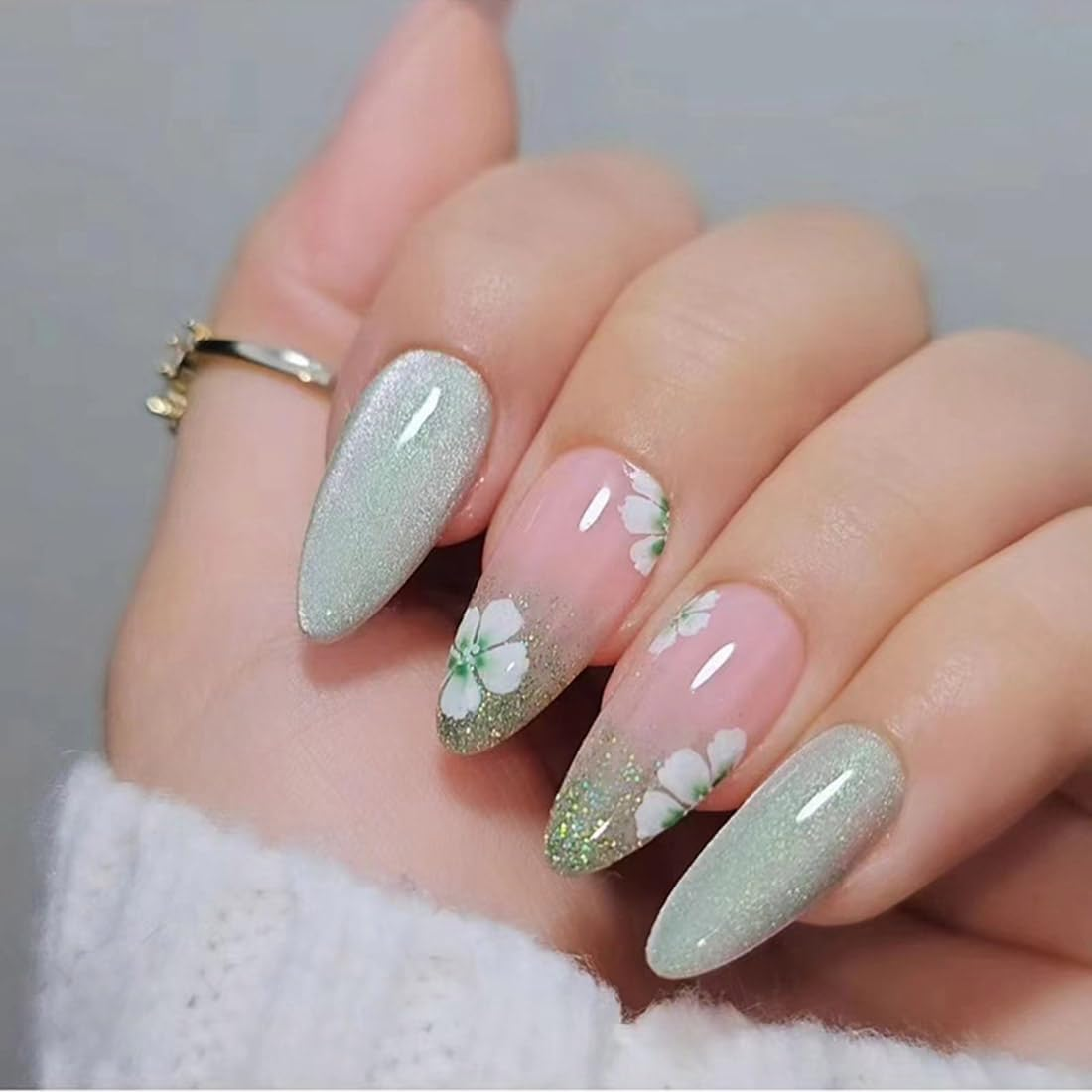 Resweky Long Almond False Nails Pink Green Flower False French Nails Shiny Print Acrylic Nail Cover for Women Girls image number 5