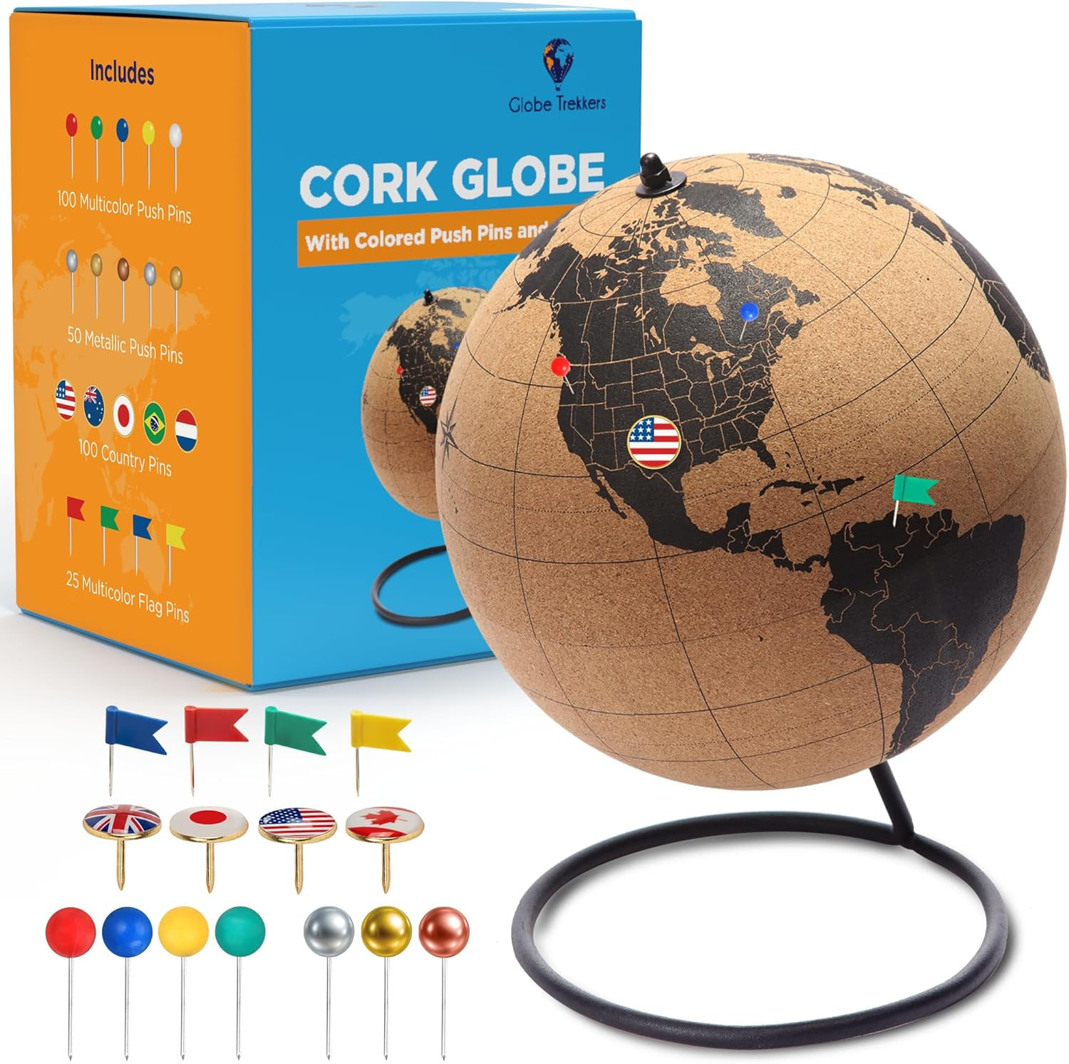 Globe Trekkers - Mini Cork Globe with 50 Different Coloured Push Pins & Durable Stainless Steel Base Great for Mapping Travels & Educational Purposes Does Not Have Plastic Strip like Most image number 3