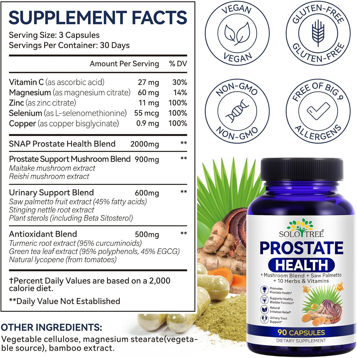 Prostate Health Supplement for Men | Saw Palmetto, Reishi & Maitake | Zinc, Turmeric & Plant Sterols | Daily Botanical Men&rsquo;S Wellness Complex | 90 Capsules image number 2