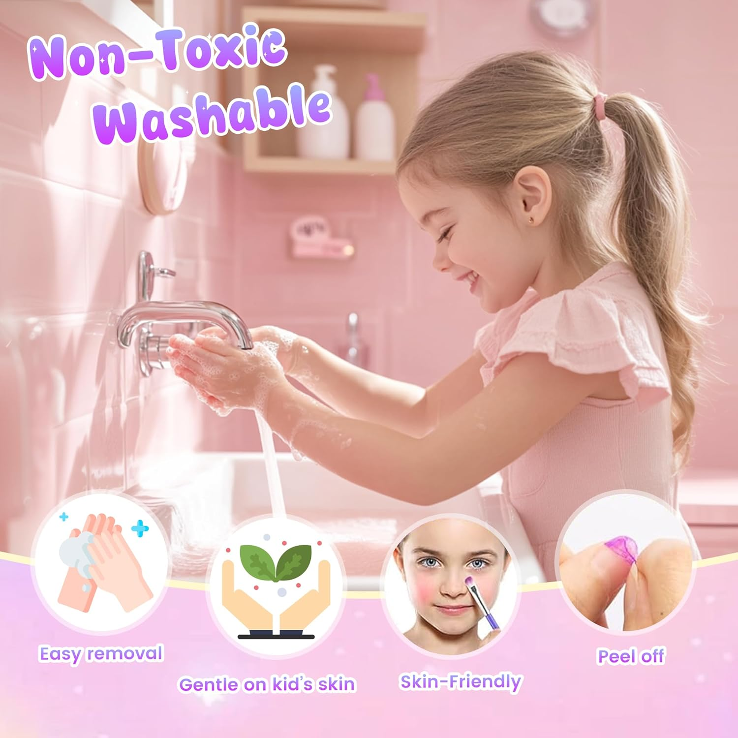 Kids Washable Makeup Kit for Girls - Real Make up Set with More Kits- Pretend Play Beauty Toys for Toddlers and Kids, Christmas Birthday for Girls Ages 3-12 (Pink Unicorn) - Mermaid image number 4