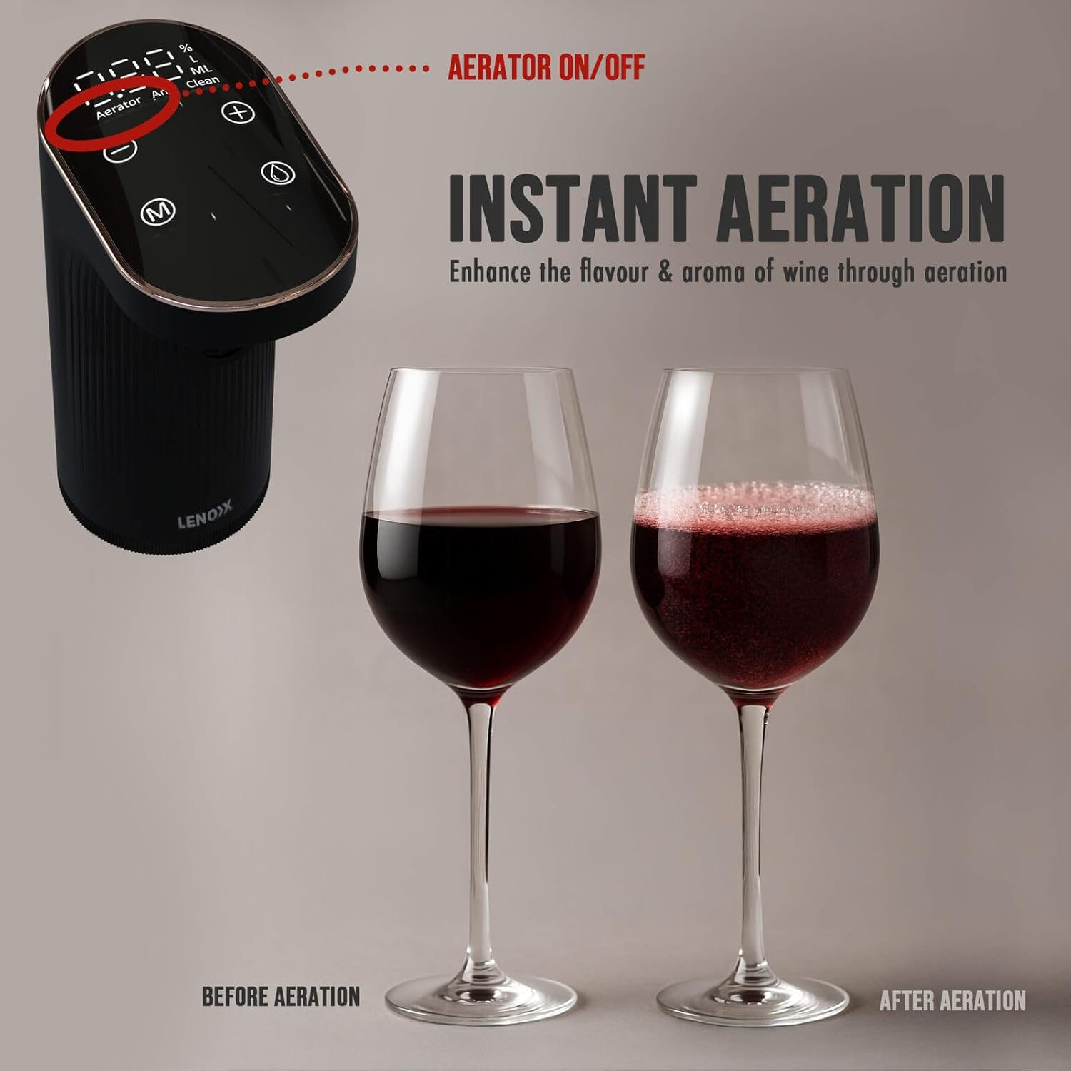 Lenoxx Instant Wine Aerator & Dispenser with Adjustable Silicone Bottle Adapters, Digital Display, Multiple Dispensing Modes, Memory Function & USB Rechargeable image number 2