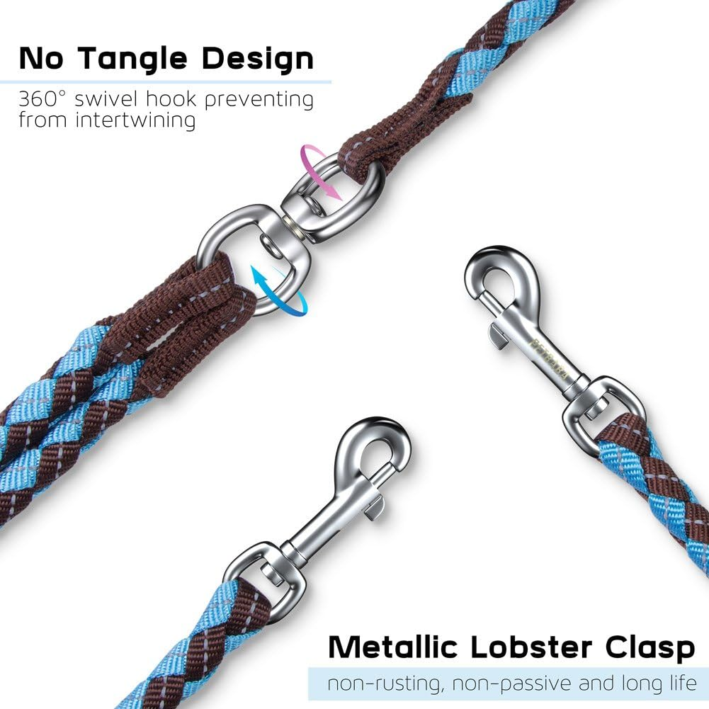 PETBABA Double Leash for Two Dogs, 4.6Ft Heavy Duty Tangle Free Splitter Coupler, Reflective Strong Dual Lead Split, Soft Padded Handle, for Walking 2 Medium Large Dogs That Pull - Blue image number 4