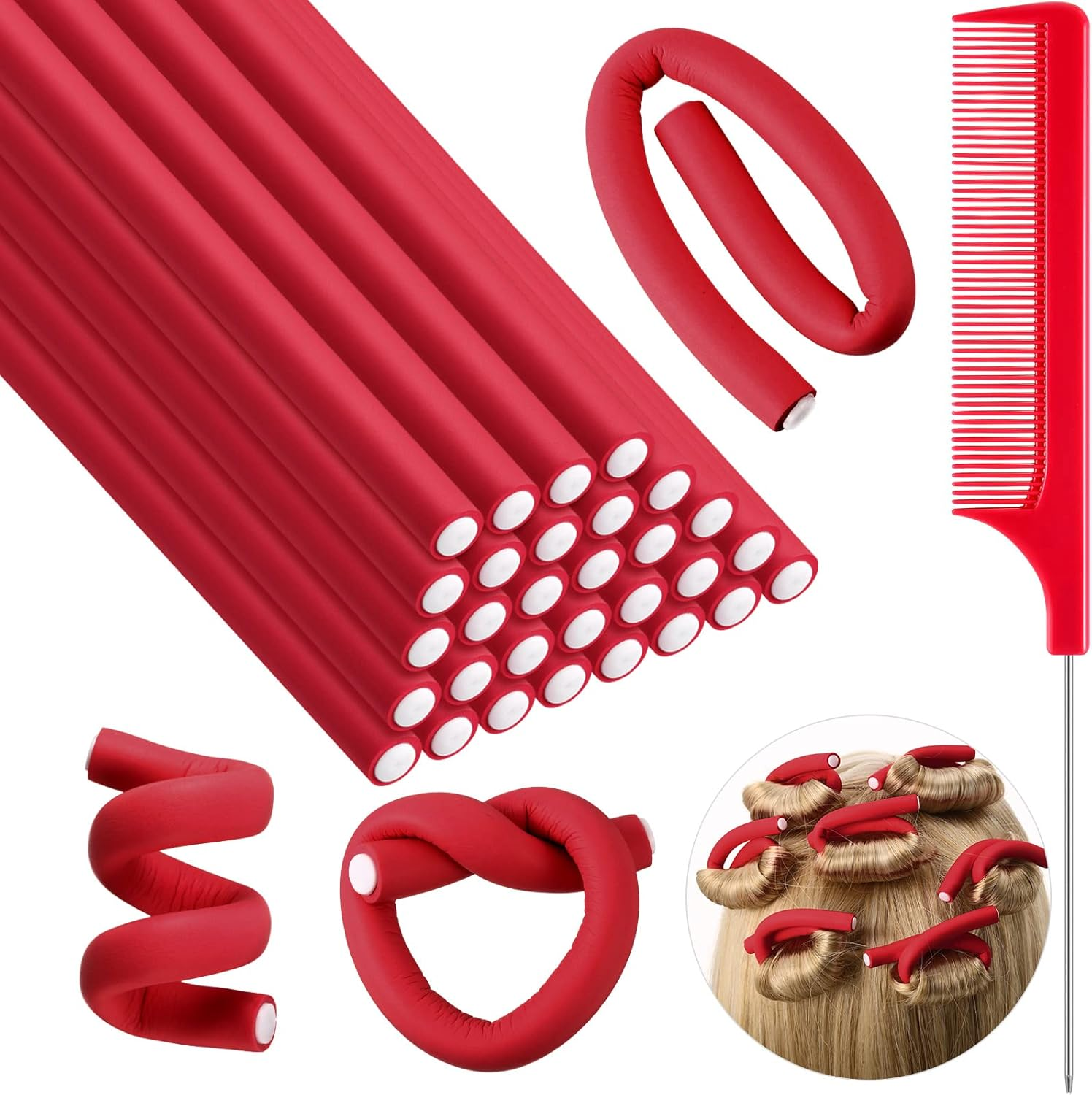 Syhood 30 Pcs 7'' Flexible Curling Rods Twist Foam Hair Rollers Soft Foam No Heat Hair Rods Rollers and 1 Steel Pintail Comb Rat Tail Comb for Women Long Short Hair(Red,7 X 0.3 Inch)