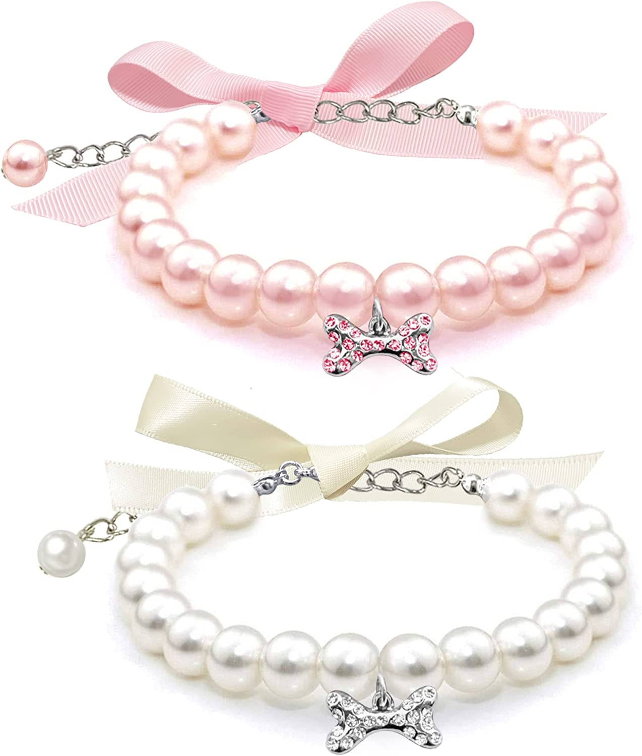 2 Pcs Dog Cat Pearl Collar Necklace with Rhinestone Bone, Fancy Cat Wedding Collar Jewelry for Girl Cat Puppy Dogs Accessories(Pink+White) image number 4