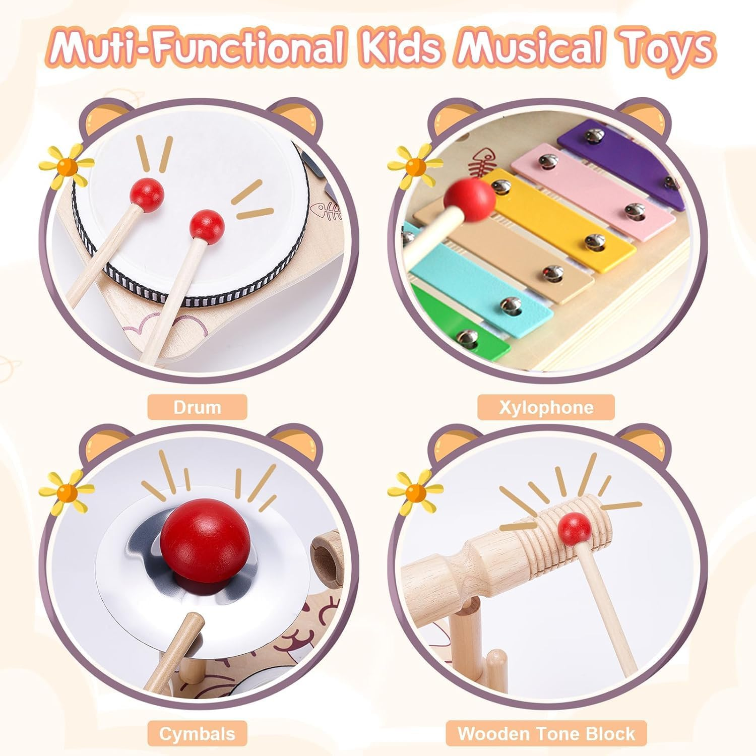 Wooden Drum Set for Toddlers, Baby Musical Instrument Set Kids Toys, Natural Wooden Montessori Toys Xylophone Music Kit Baby Sensory Toys Months Birthday Gifts for Girls Boys-Upgraded image number 6