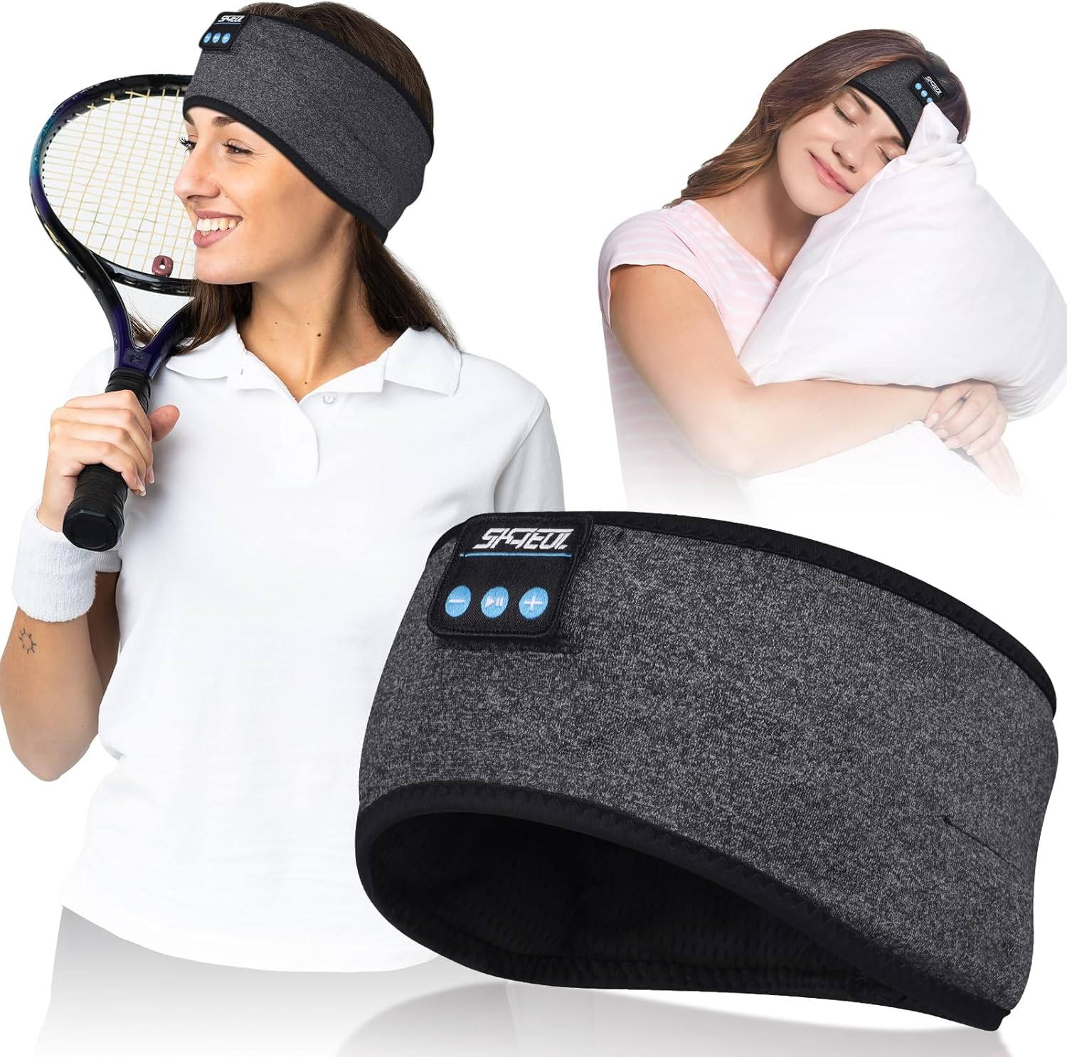 Sleep Headband Headphones, Ultra-Comfortable Sport Headband - Wireless Music & Hands-Free Calls for Sports, Yoga, and Sleep - HD Sound, 12-Hour Battery, Soft & Washable Fabric (Gray)