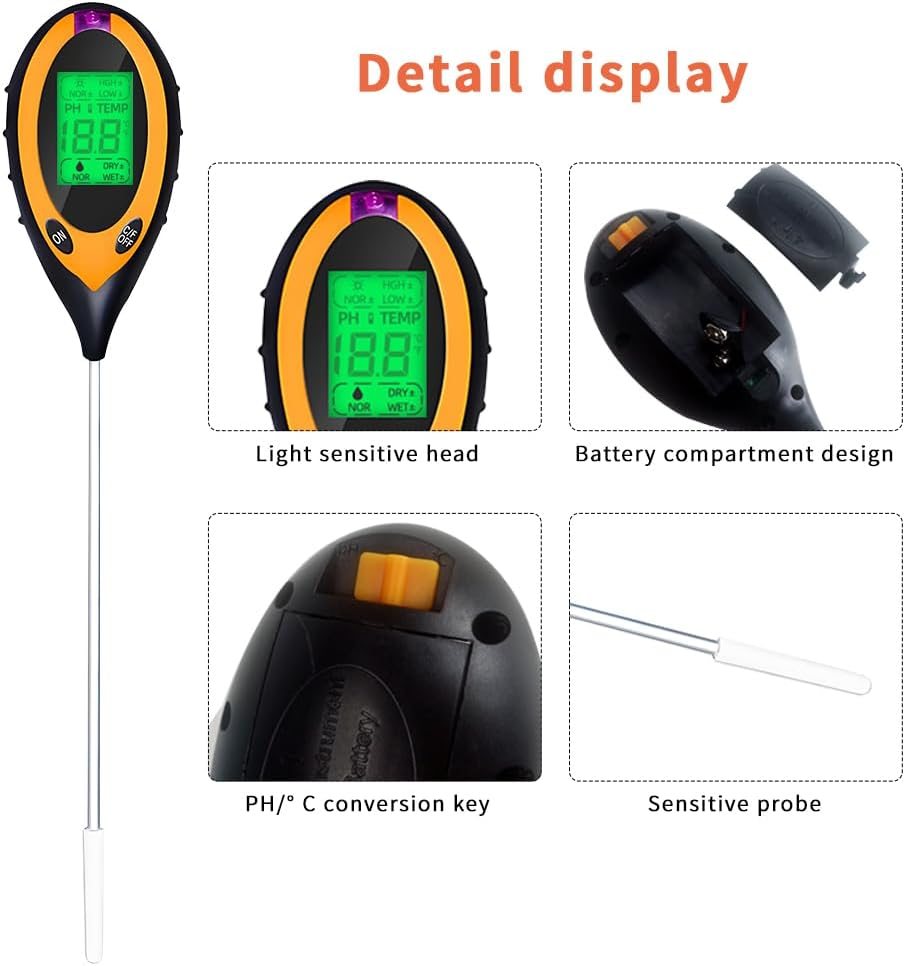 QUMOX Soil PH Tester, 4-In-1 Digital Plant Soil Moisture Meter with PH Value/Temperature/Moisture/Light Intensity for Plants, Garden, Farm, Lawn, Indoor and Outdoor image number 3