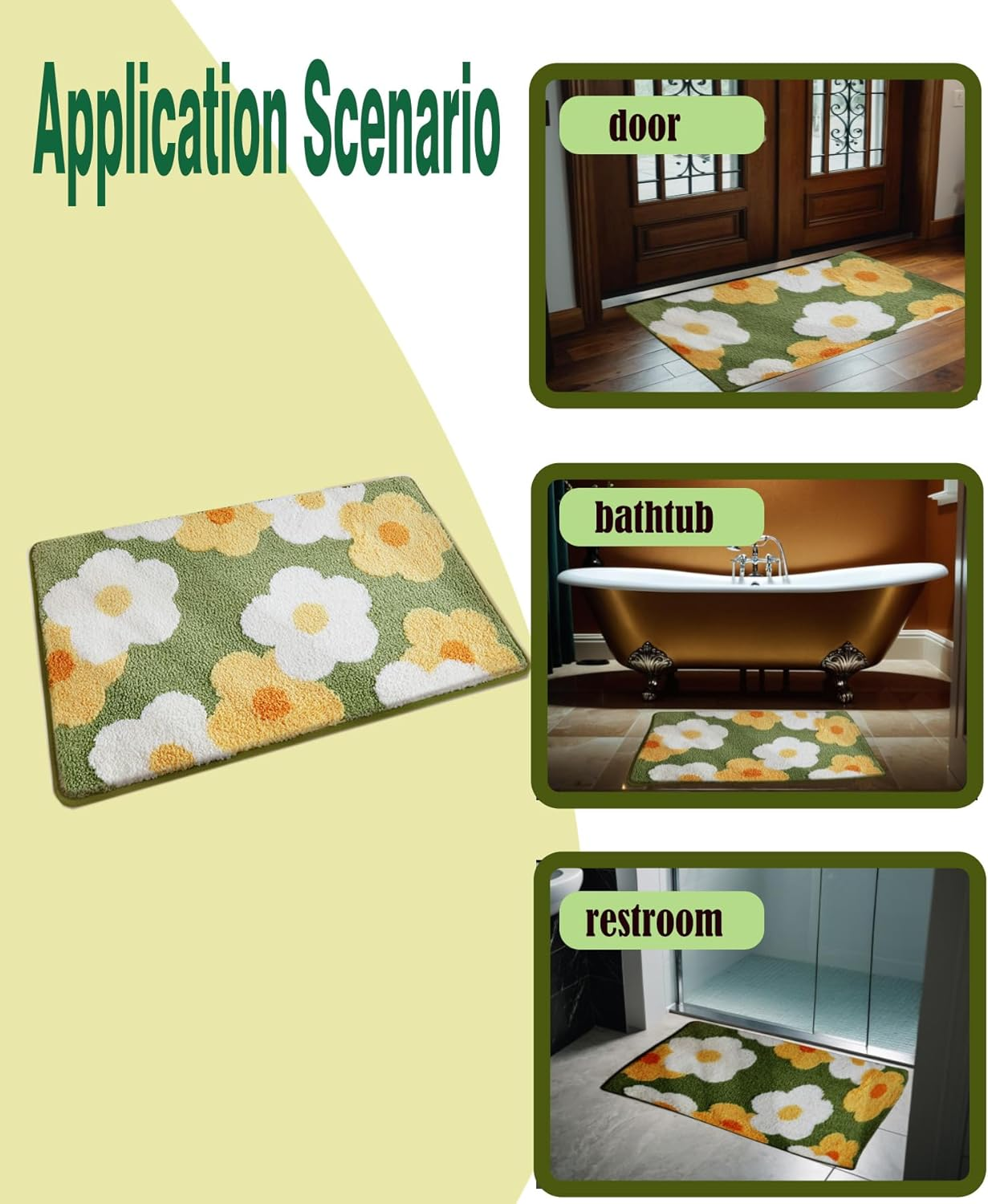 Green Floral Bath Mat ，Microfiber Moss Bathroom Rug15.7''W X 23.6''L ，Non Slip Washable, Modern ，Shaggy Bathroom Shower Floor Mat Absorbent，Ultra - Soft 3D Microfiber Mat image number 3
