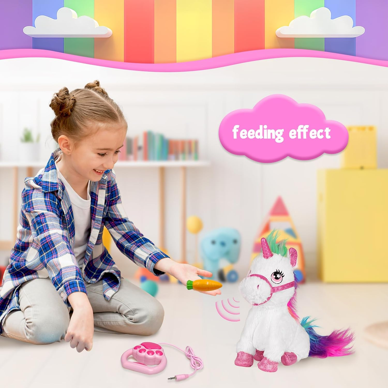 YH YUHUNG Interactive Walking Unicorn Toy, Light-Up Horn, Sound Effects, 22 Cm Height, with Detachable Leash