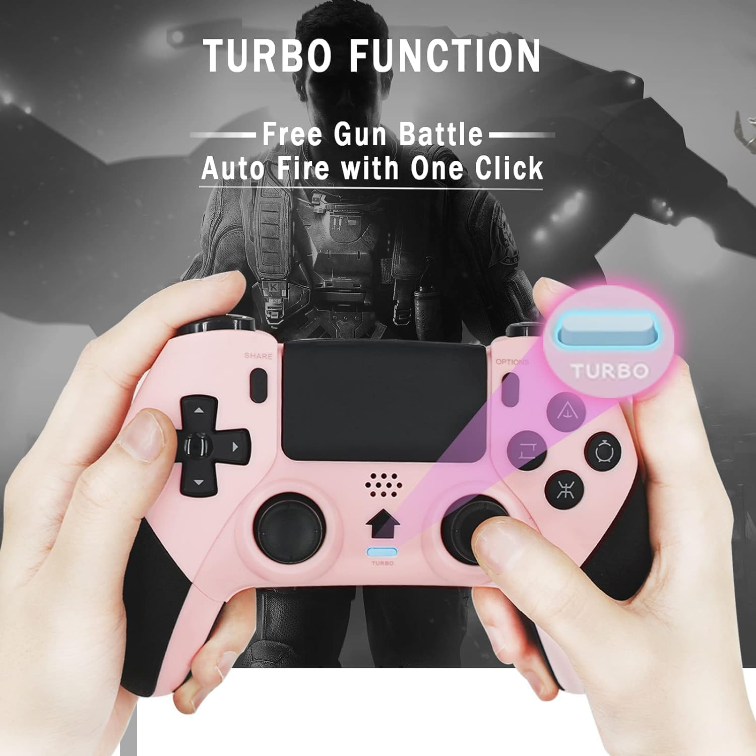 Wireless Pro Controller for PS4 Controller, Game Controller Compatible with Playstation 4/ Slim/ Pro/ PC, Built-In 800Mah Rechargeable Battery/ Responsive Joystick and Buttons/ Audio/ Turbo (White & Black) (Pink+Black)