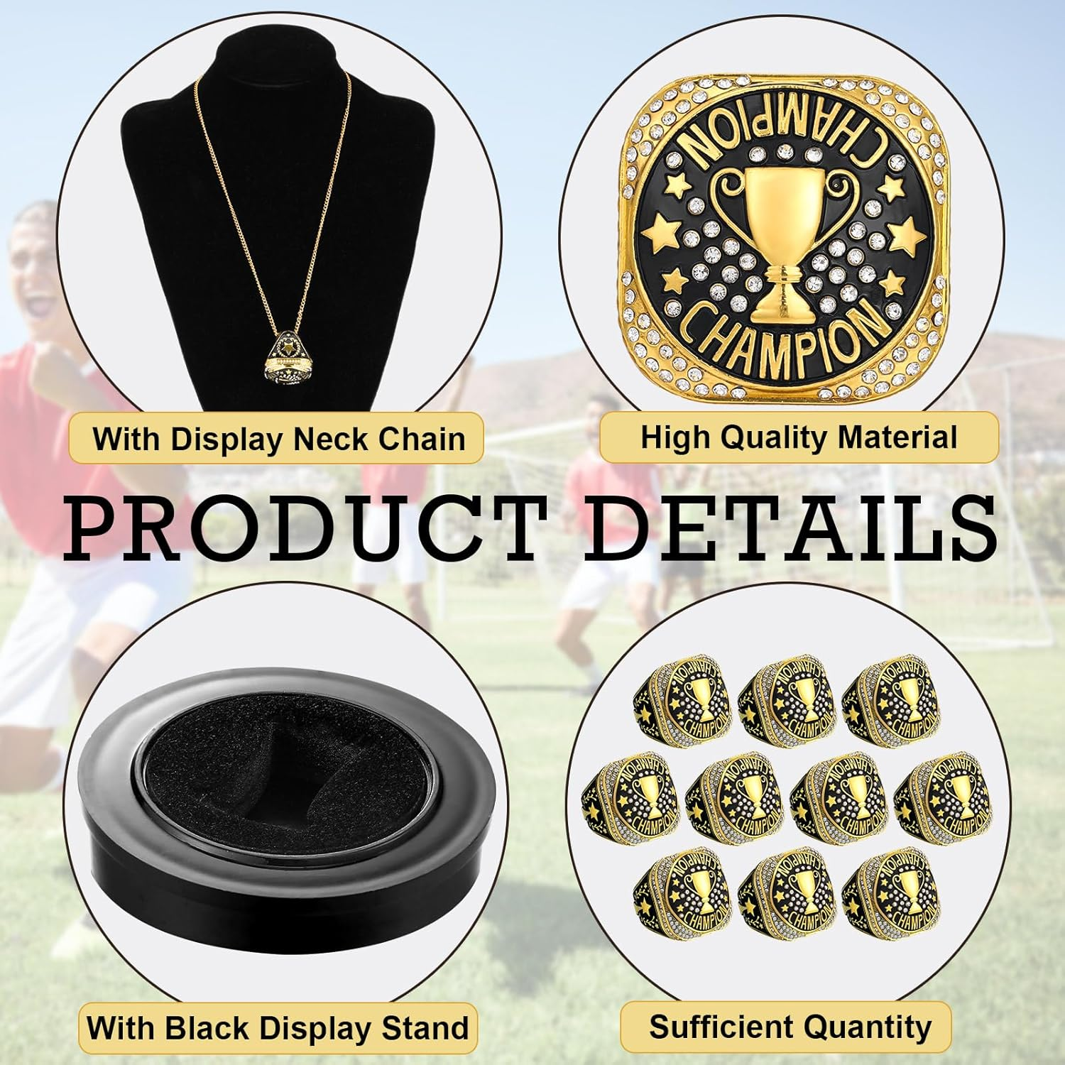 Highergo 10 Pcs Championship Rings with Display Neck Chain and Stand Baseball Soccer Volleyball Champion Rings MVP Most Valuable Trophy Rings for Tournament Winner Award Gift image number 1