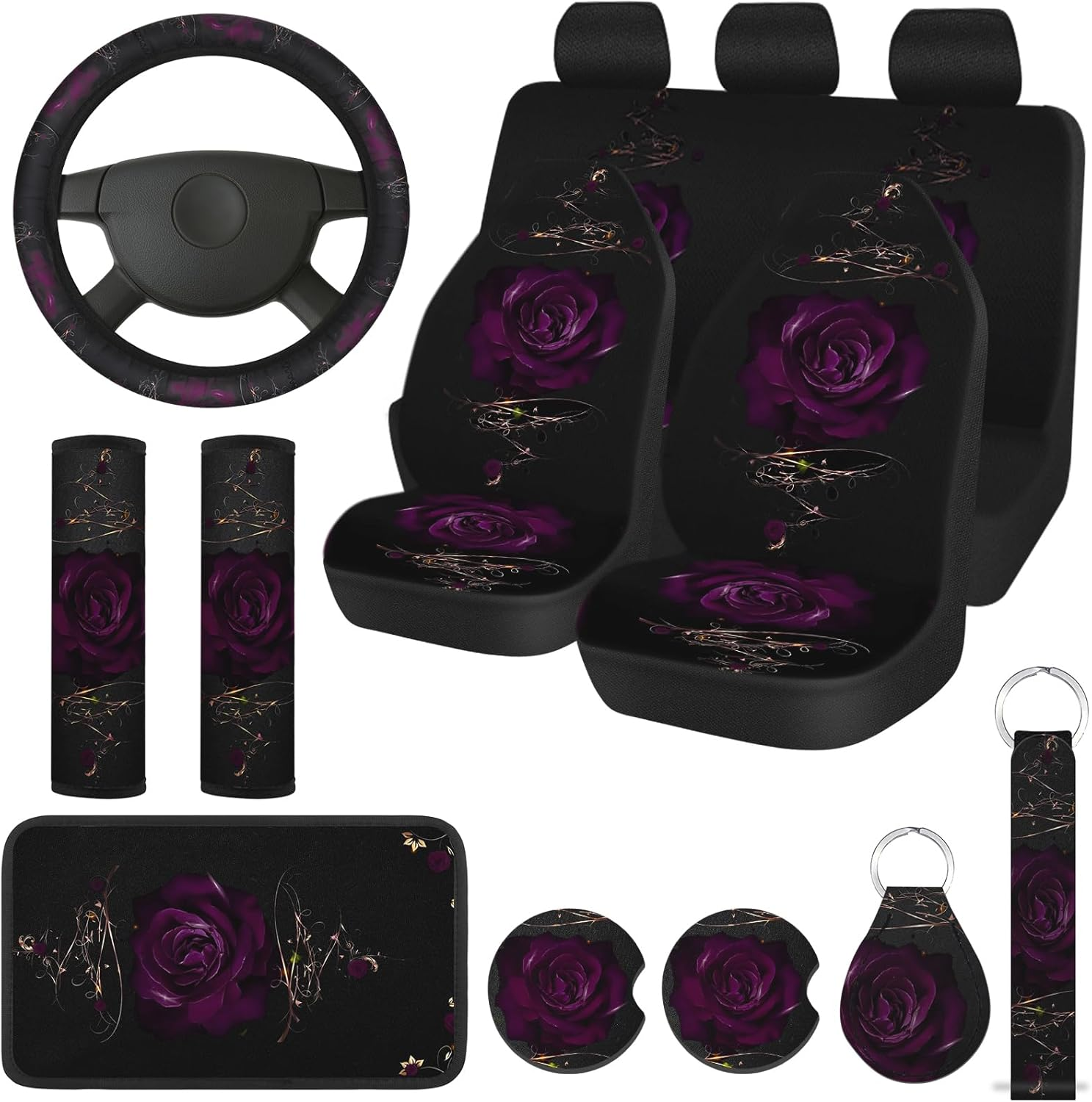 15 Pcs Rose Art Flower Car Seat Covers Full Set for Women Rubber Steering Wheel Cover Armrest Cover Seatbelt Covers Polyester Fabric Front Seat Rear Backrest Cover Bottom Cover Universal (Purple) image number 3