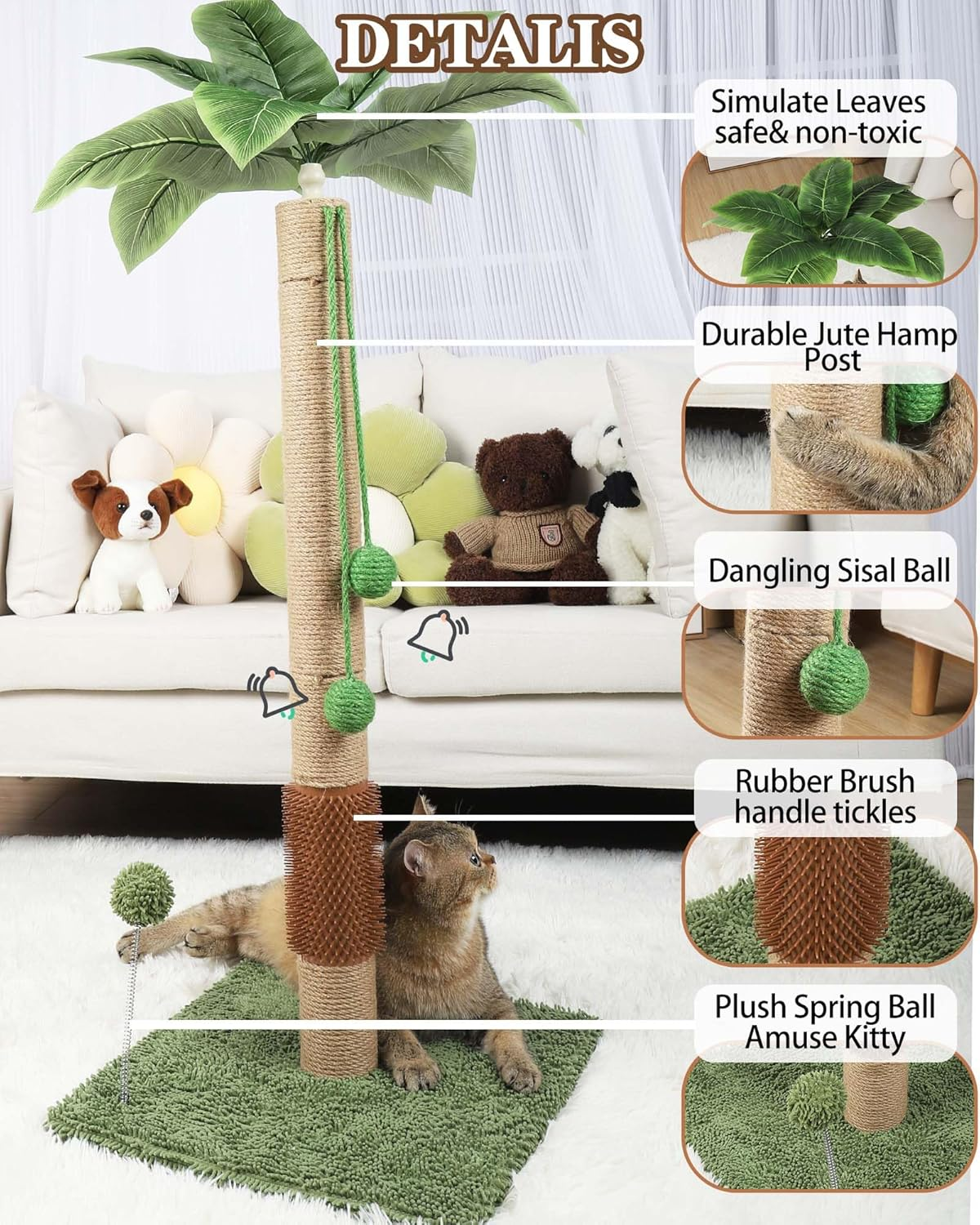ANWA 35" Tall Cat Scratching Post for Kitten and Large Cats, Scratching Post for Indoor Cats with Self-Grooming Rubber Brush, Cat Sisal Post with Simulated Leaves image number 3