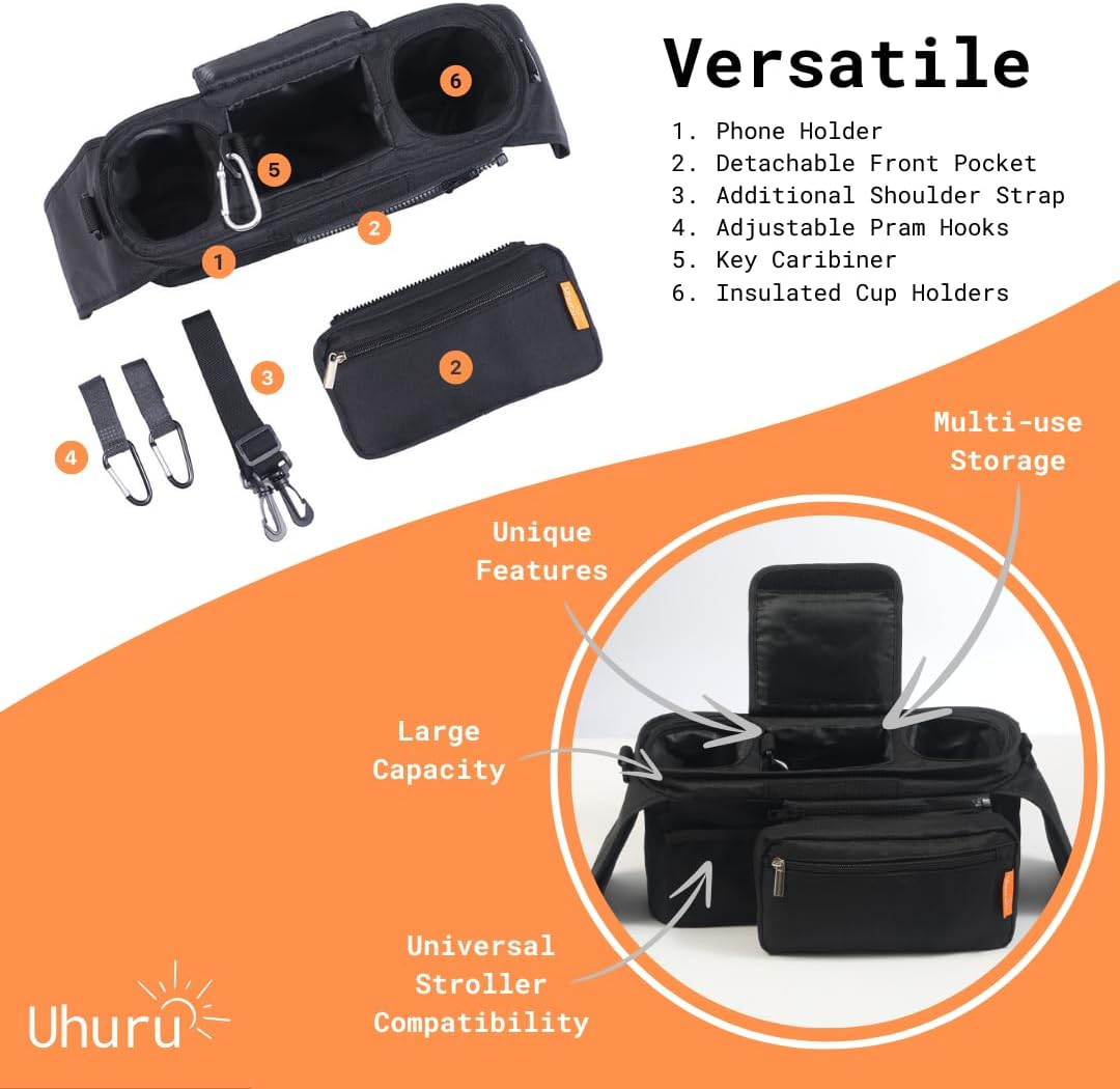 UHURU Stroller Organiser & Pram Caddy with Extra Storage Pockets, Insulated Coffee Cup Holders and Phone Storage, Universal Travel Pram Stroller Bag Compatible with Uppababy, Bugaboo & 99% of Prams