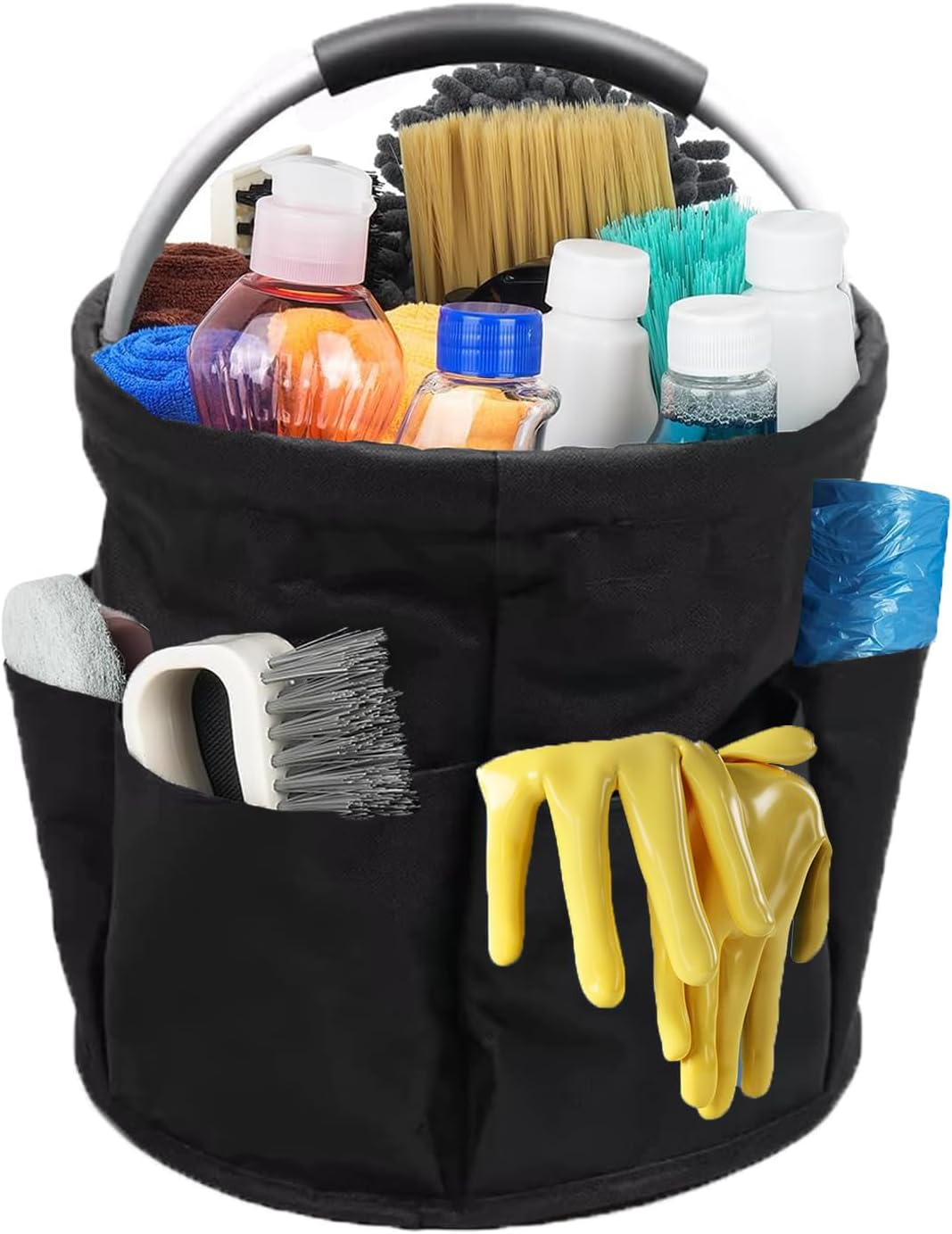 Cleaning Supplies Organiser, Cleaning Bag, Foldable Cleaning Bag, Cleaning Bag, Cleaning Agent Organiser Portable with Handle and Six Pockets for Indoor, Garden, Bathroom, Black (Pink)