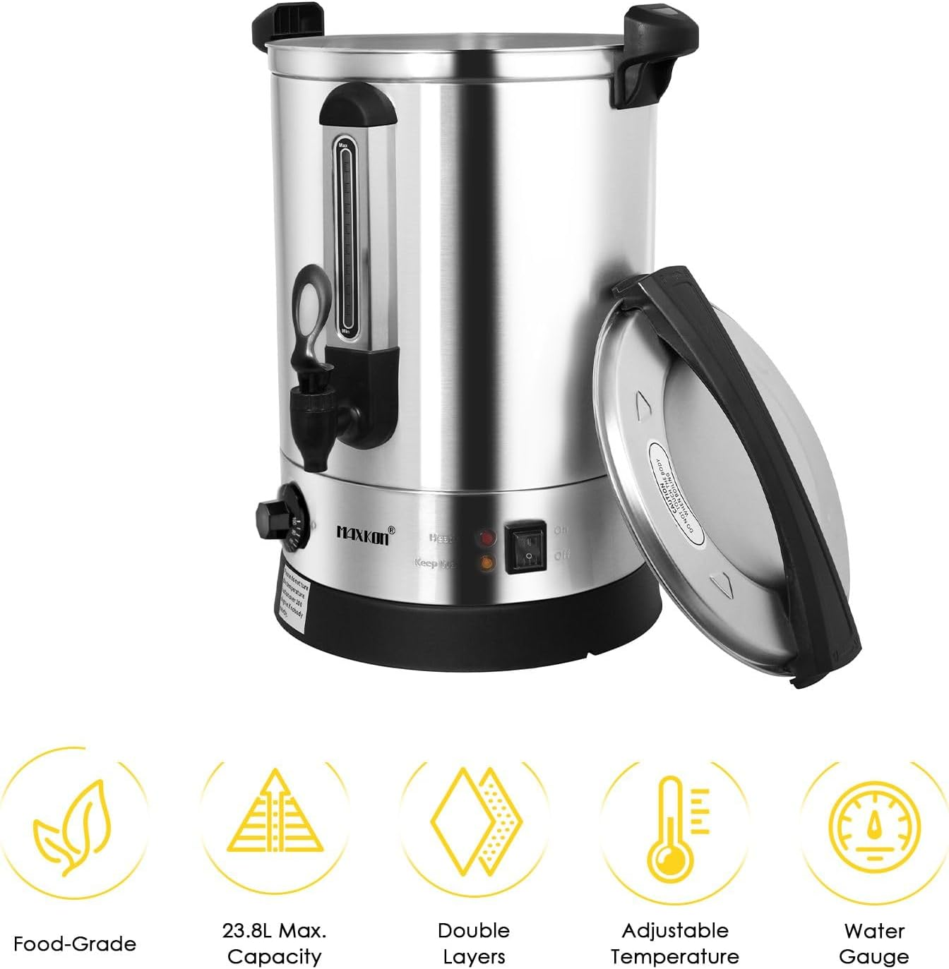 Maxkon 23.8L Urn Kettle Water Dispenser Instant Hot Cold Tea Coffee Maker Commercial Home Camping Boiler Machine Stainless Steel with Tap image number 5