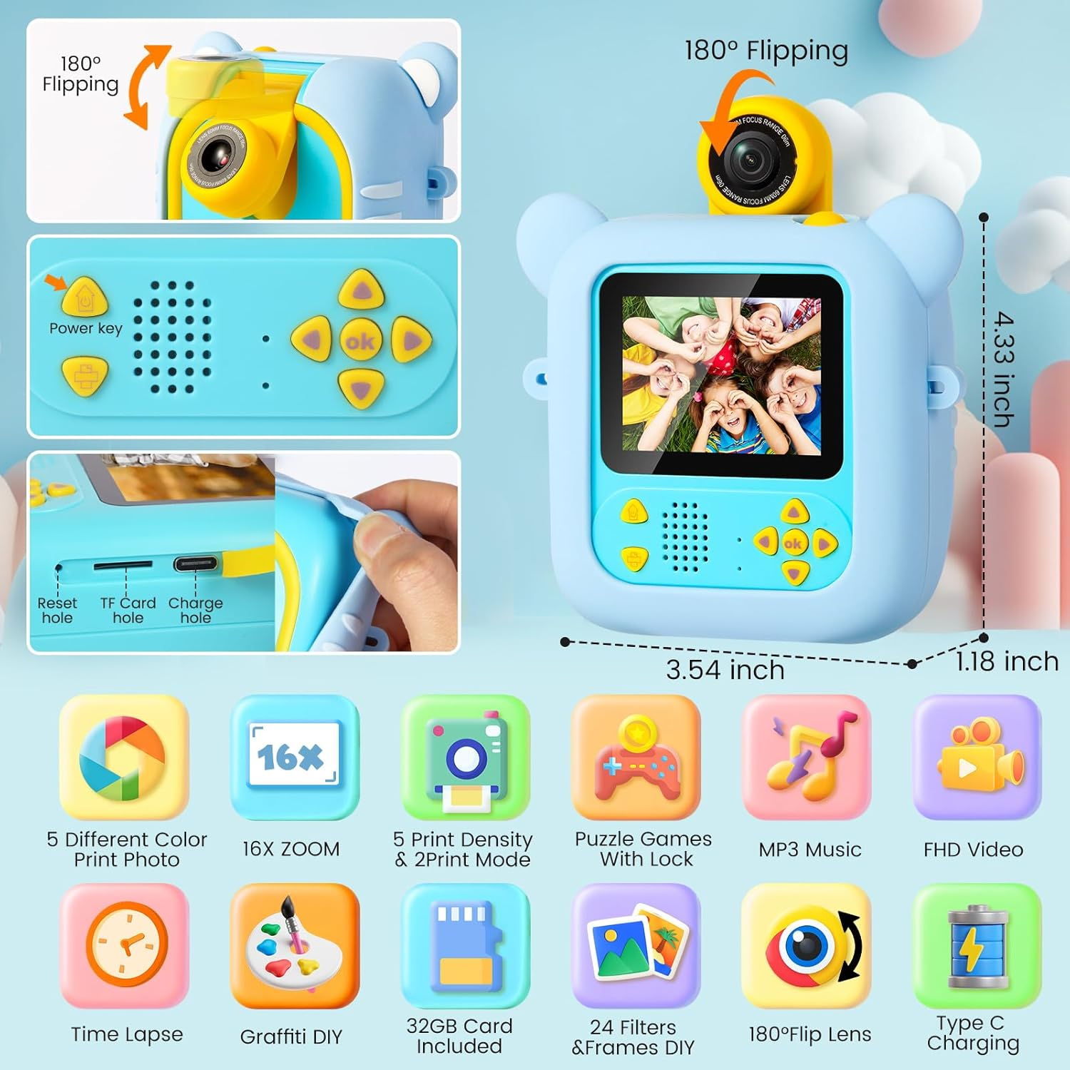 ARNSSIEN Kids Camera Instant Print, 7 Print Paper (4 Color: O/R/G/B+3 B&W), 2.4" Screen Instant Camera for Kids Ages 3-12,1080P, 180&deg;Flip Lens,32Gb Card- Christmas Birthday Present for Boys & Girls,M2 image number 1