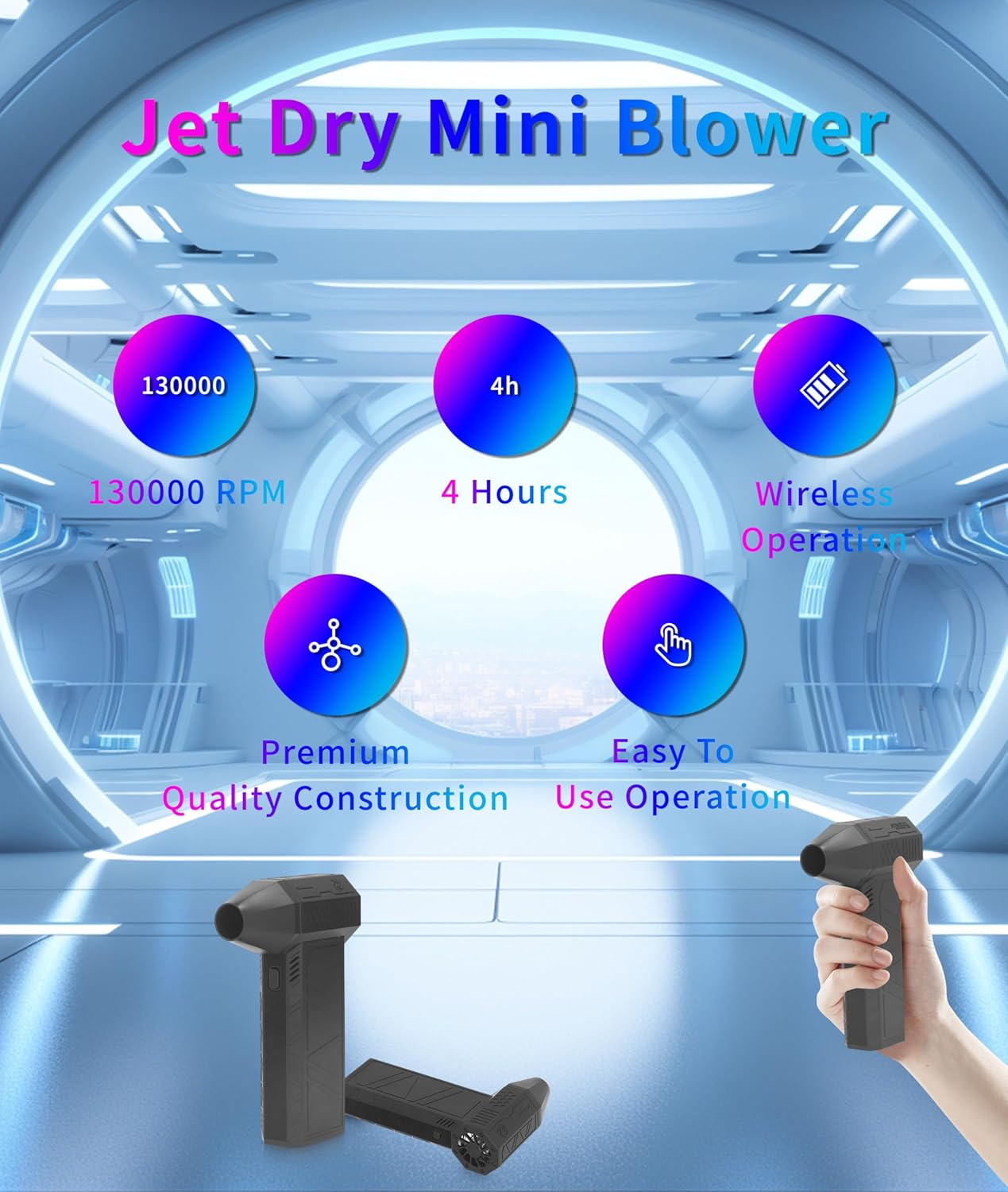Jet Dry Mini Blower, 130000 RPM Portable Mini Jet Blower with 3 Adjustable Speeds, Type-C Rechargeable Cordless Air Blower Car Dryer for Car, Computer, Keyboard, Lens