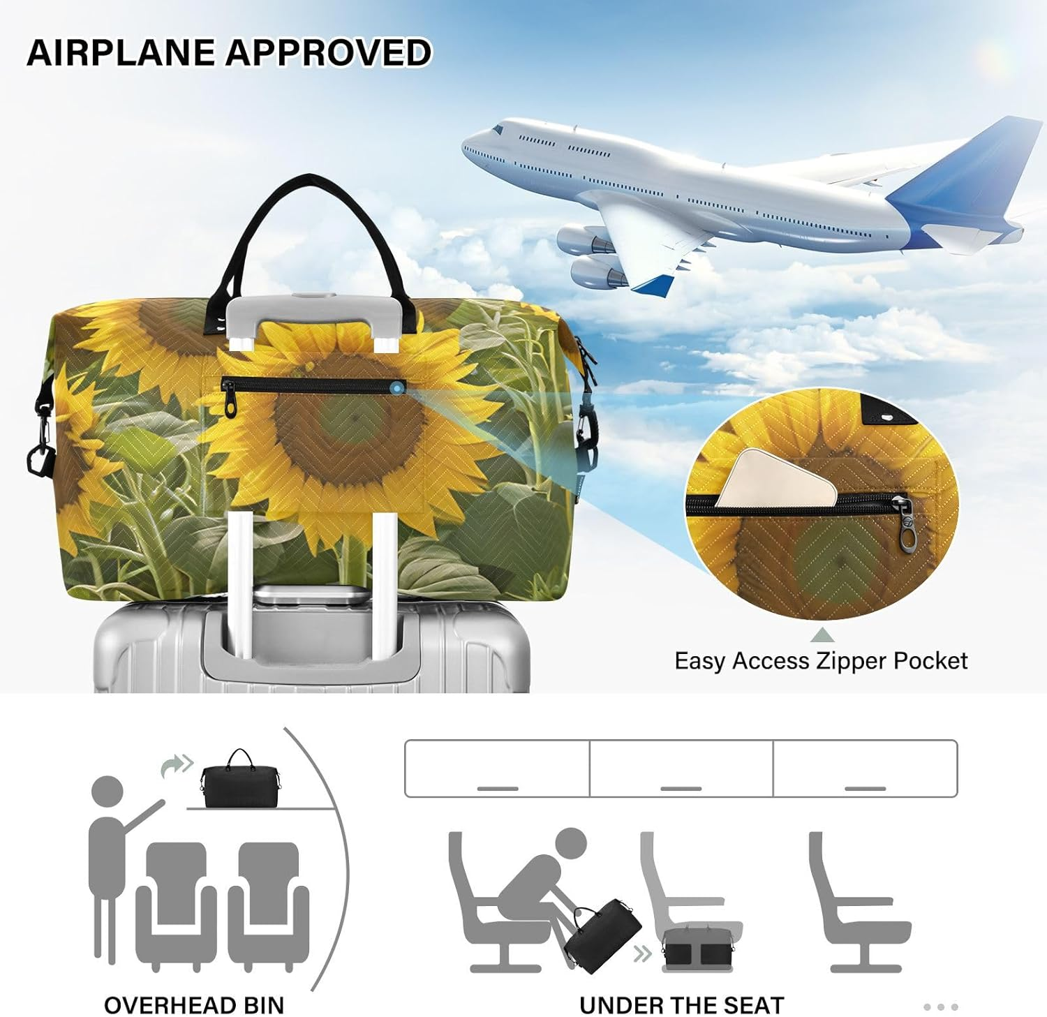 XYMZR Travel Duffel Bag, Sunflower Painting Sports Tote Gym Bag, Shoulder Weekender Overnight Bag for Women Men, Carry on Luggage with Toiletry Bags, Multi-Colored, Utility image number 3