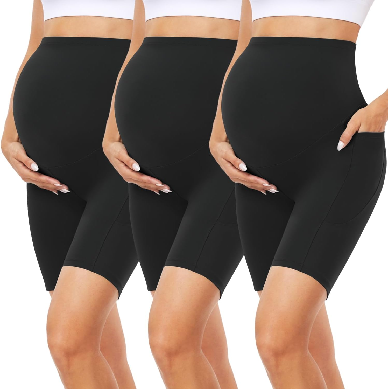 FULLSOFT 3 Pack Maternity Shorts over Belly - 8" Pregnant Women'S Cycling Shorts with Pockets, High Waisted, Mid Rise, Solid, Polyester Blend, Size 8 image number 4