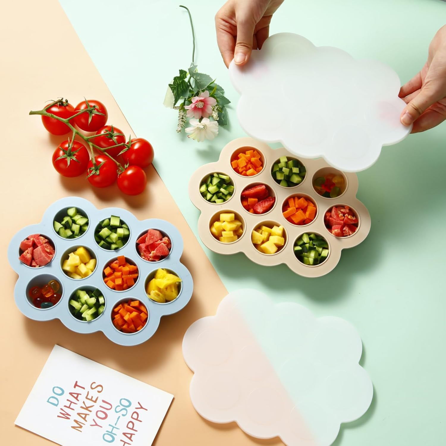 Pandaear 3 Pack Silicone Baby Food Freezer Tray with Lids（Blue/Green/Meat） image number 4