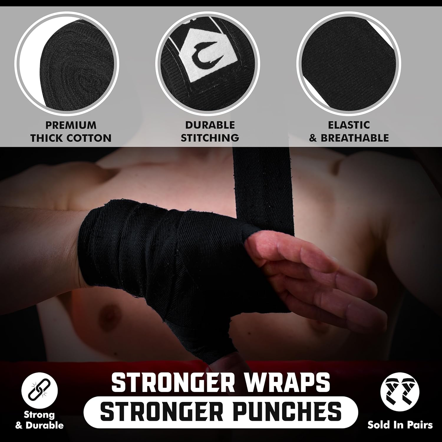 Boxing Hand Wraps Inner Gloves, 4.5M Elasticated Thumb Loop Bandages, Men Women under Mitts Straps Wrist Protection, Muay Thai MMA Kickboxing Martial Arts, Speed Bag Punching Training image number 3