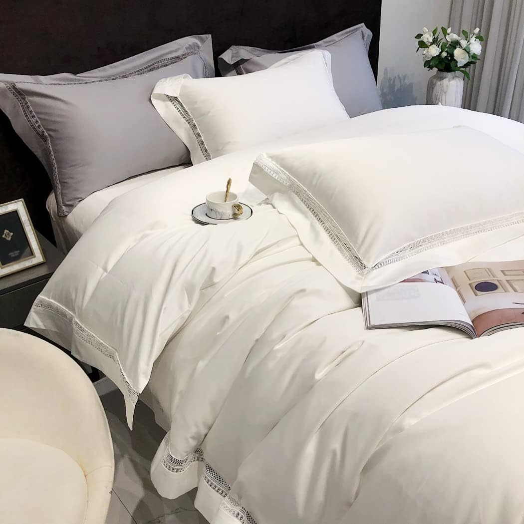 Modern Minimalist Hollow Edge Long-Staple Cotton Four-Piece Set Cotton Cotton Solid Color Quilt Cover Bedding,White,2200 * 2400Mm image number 3