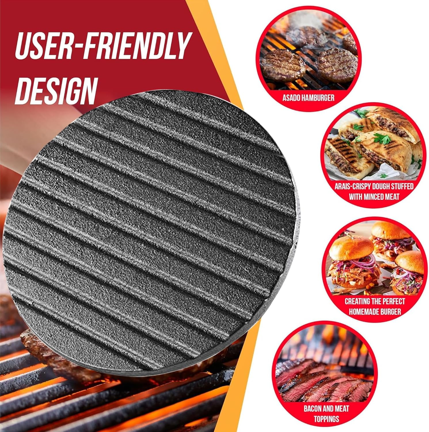 OMGWYSIWYG Burger Press Professional Heavy Duty Cast Iron Hamburger Smasher Tool for Blackstone Griddle Grill,Smashburger, Bacon, Ground Beef Meat, Steak, Sausage, Sandwich Cooking【7.2 Inch Round】