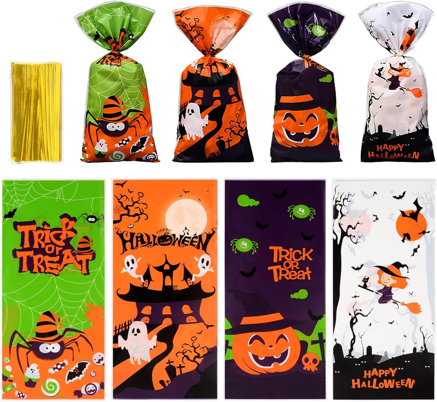 Ninonly 200 Pcs Halloween Candy Bags, Bat Pumpkin Spider and Witch Halloween Cellophane Bags, Plastic Treat Bags with 200 Pcs Twist Ties for Snacks Cookies Halloween Party Favors Supplies image number 1