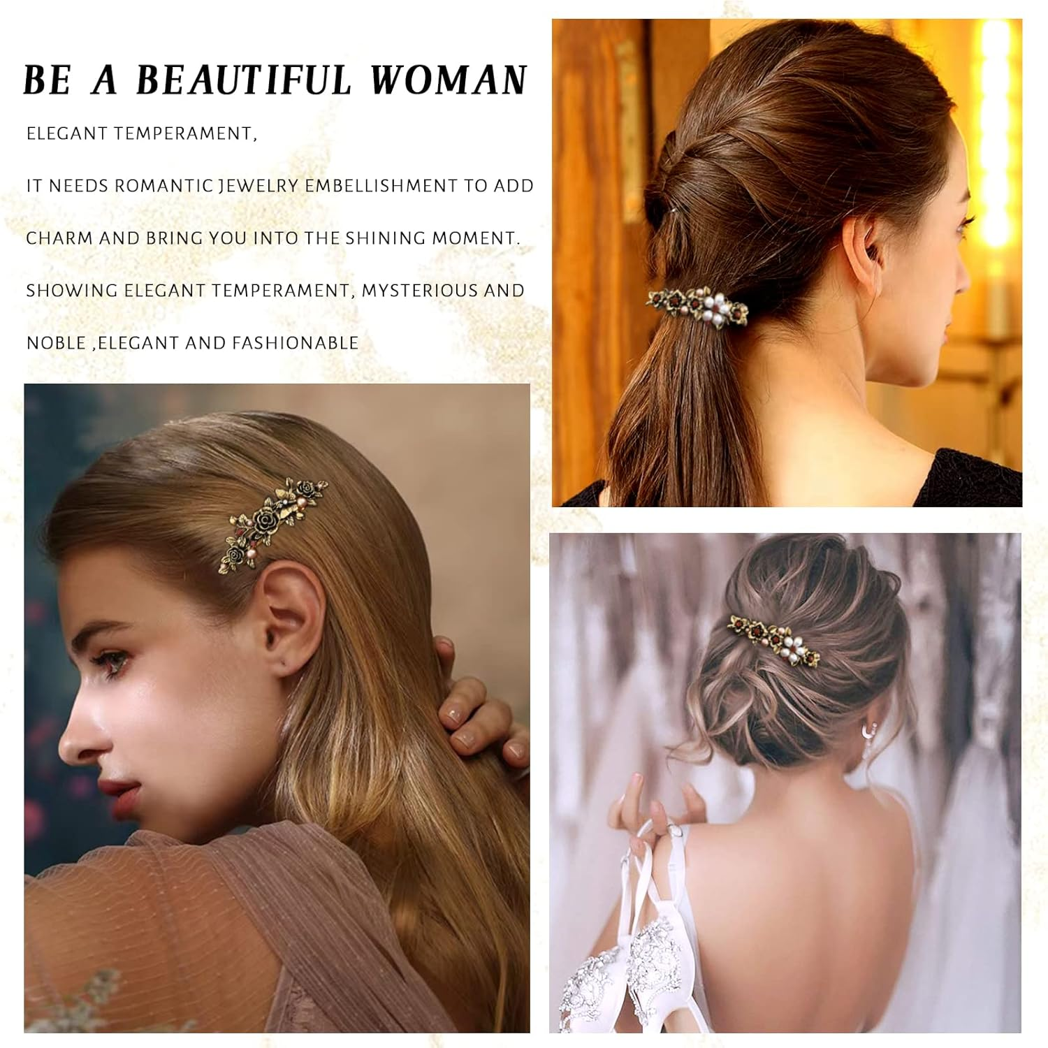 Kavya Automatic Hair Clips, Women'S Thin Hair, Pack of 2 French Vintage Hair Clips, Large Metal Flower, Fashion, Crystal Pearl, Flower Hair Clip, Large Thick Hair Flower Hair Accessories image number 1