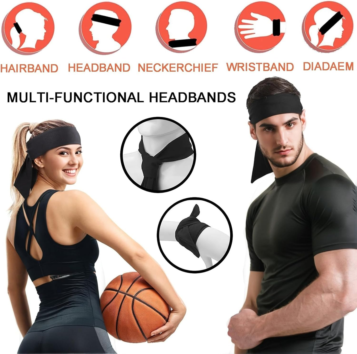 3 Pack Adjustable Sports Headbands for Men & Women - Sweat Absorption Tie Back Sweatbands for Basketball, Running, Tennis, and More