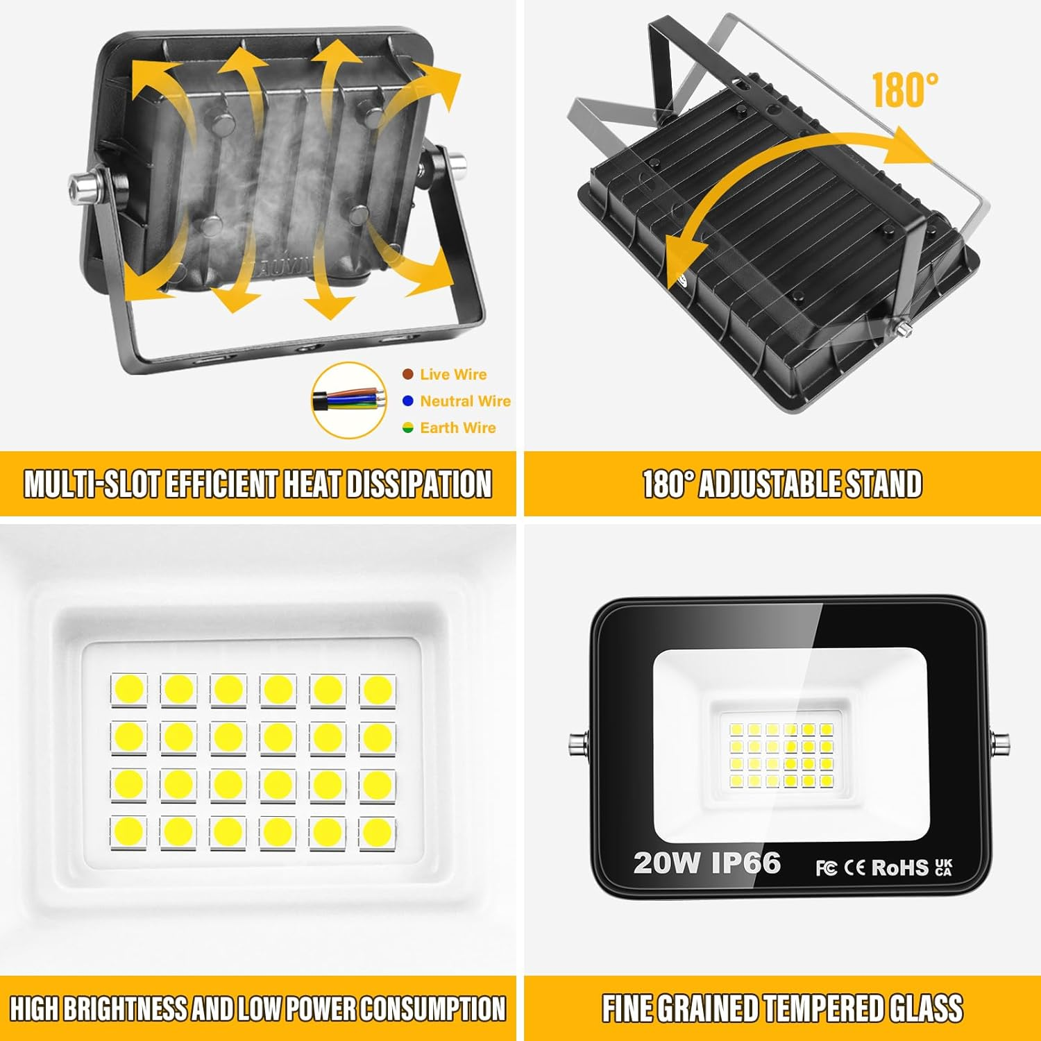 RIGIDON 2 X 20 W LED Outdoor Floodlight, 2000 LM Outdoor Spotlight, 6000 K Cool White IP66 Waterproof LED Floodlight, Outdoor Lamp for Garden, Courtyards, Garage, Hotel, Sports Field, Workshop image number 1