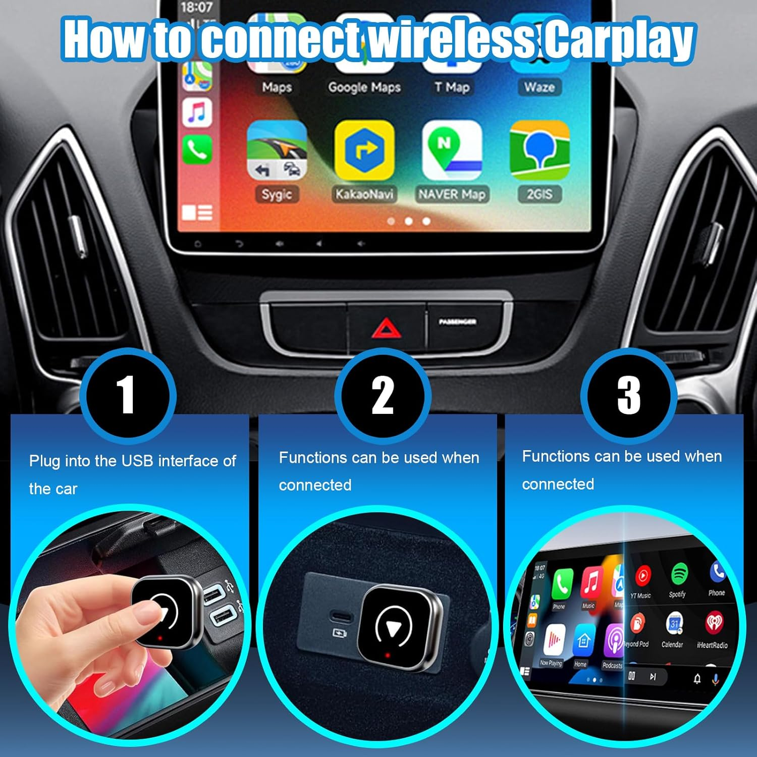 Car Wireless Carplay Adapter, Mini Android Auto Wireless Adapter, Carplay Wireless Adapter，Suitable for Converting OEM Wired to Wireless,Iphone 6+, Android 11+ Mini Car Player Adapter (Silver-White) image number 1