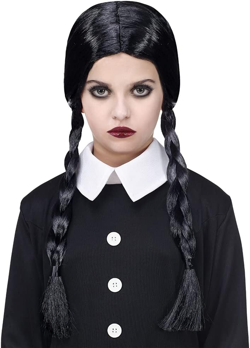 CARTOON Black Braid Wig for Fancy Dress Wednesday Addams Accessories for Girls for Halloween Carnival Costumes image number 2